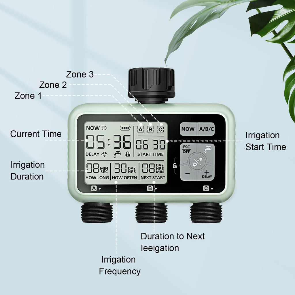 Johgee 3-Zone Water Timer | Brass Interface IPX5 Sprinkler Controller