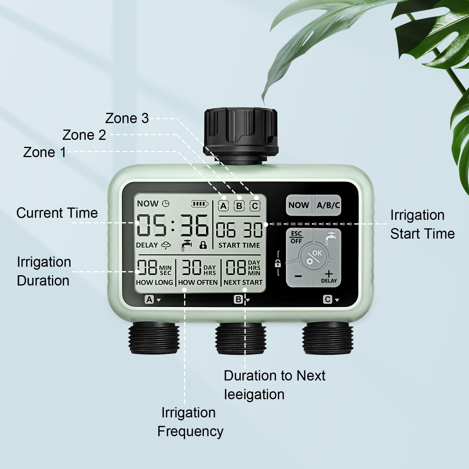 Johgee 3-Zone Water Timer | Brass Interface IPX5 Sprinkler Controller
