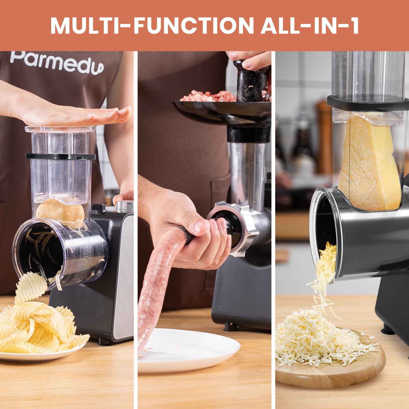 Parmedu 2-in-1 Electric Cheese Grater & Meat Grinder with 12 Attachments