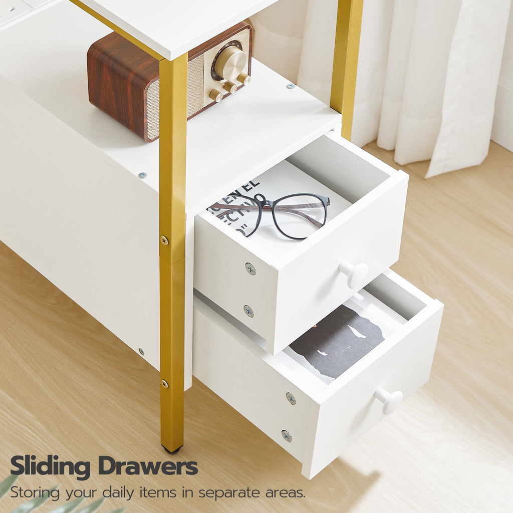 HOOBRO Narrow Side Table with Charging Station, 2 Drawers, Industrial