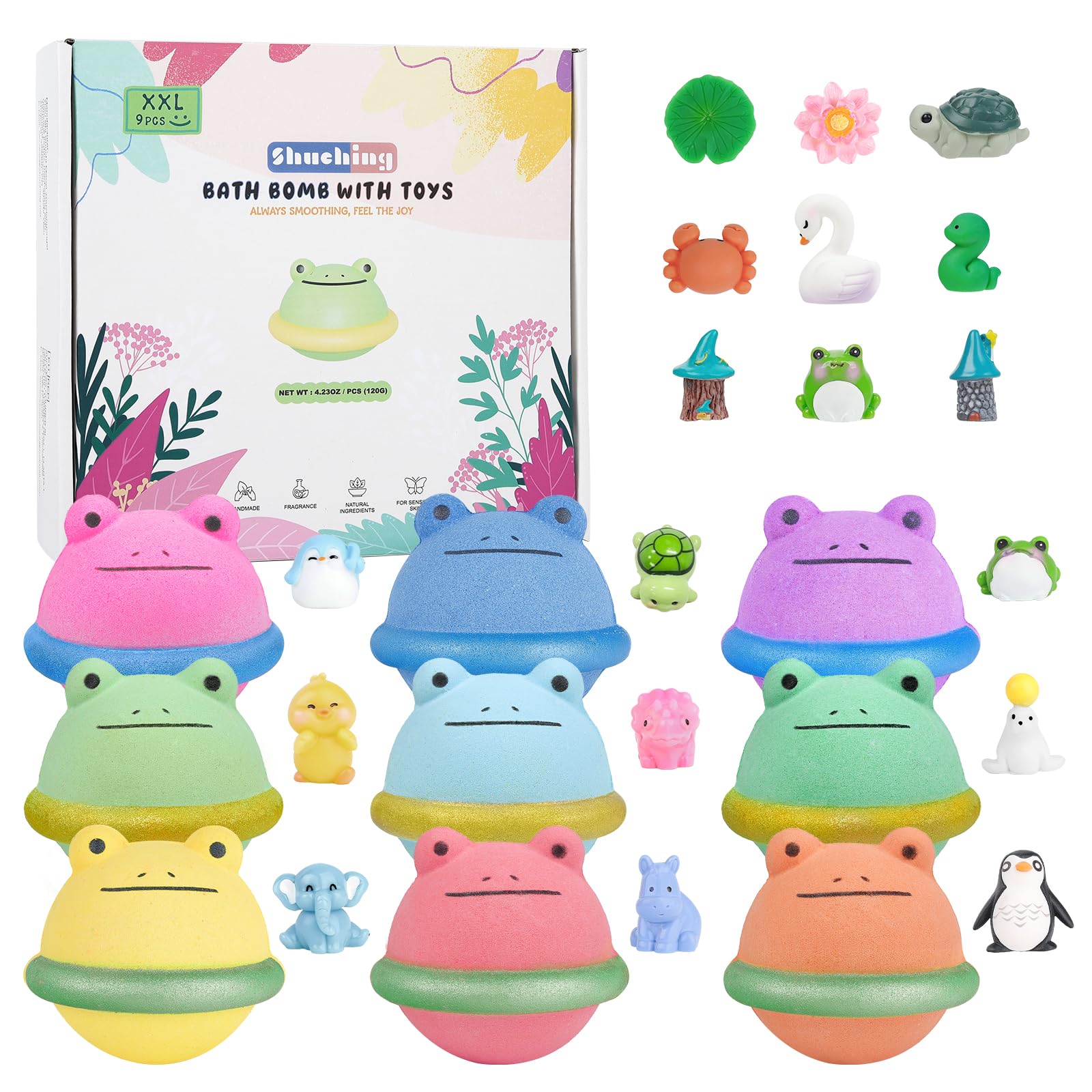 SHUCHING 9 XXL Kids Bath Bombs with Toys Inside - Organic Gift Set