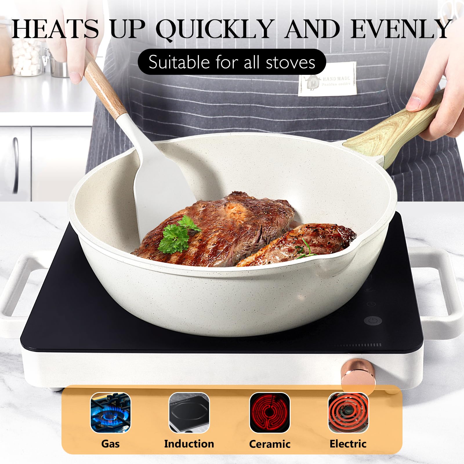 GiPP Nonstick Deep Frying Pan – 2.6L White Granite Saute Pan with Lid