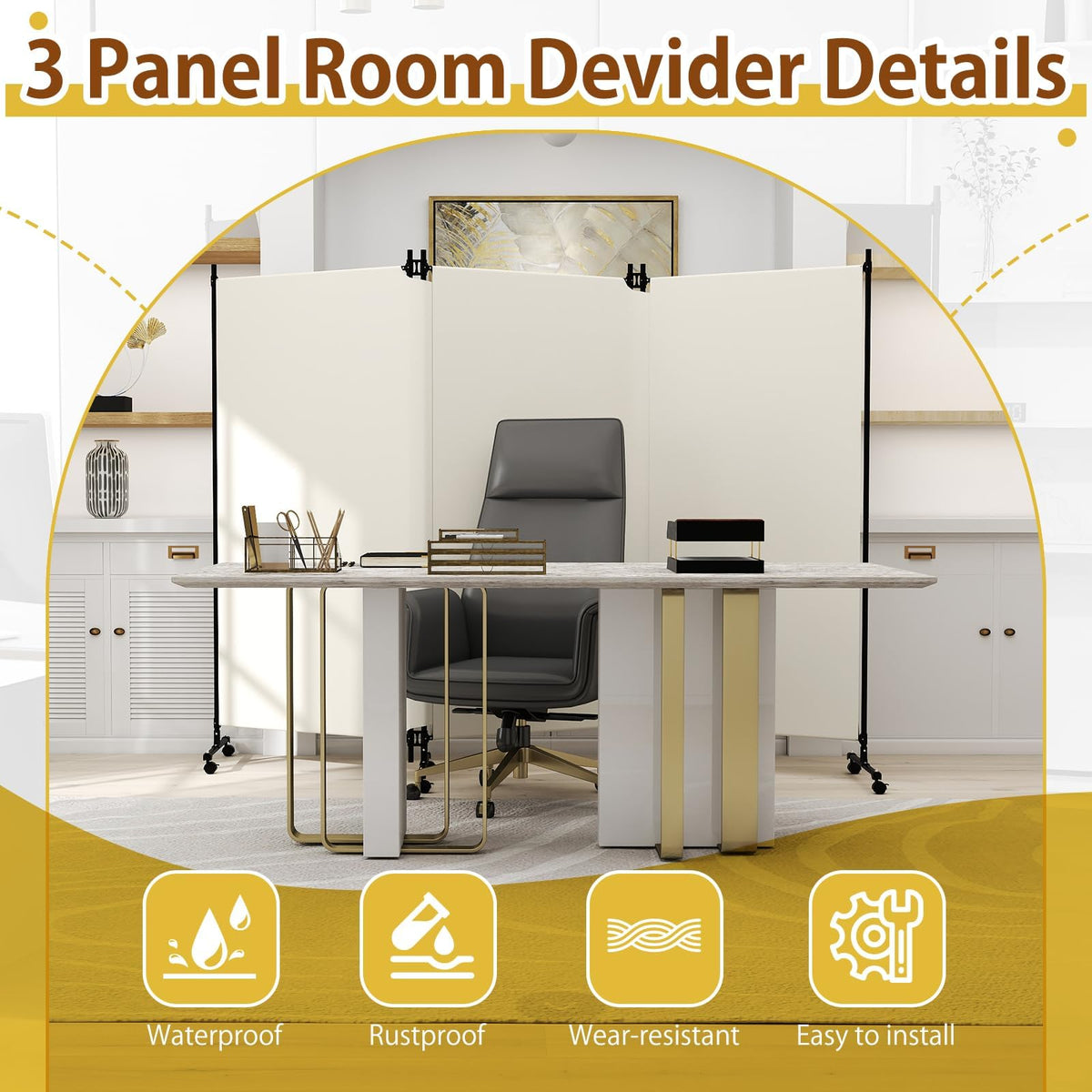 HIDODO 3 Panel Upgraded Room Divider with Wheels, 261cm W x 183cm H, Beige - image 5