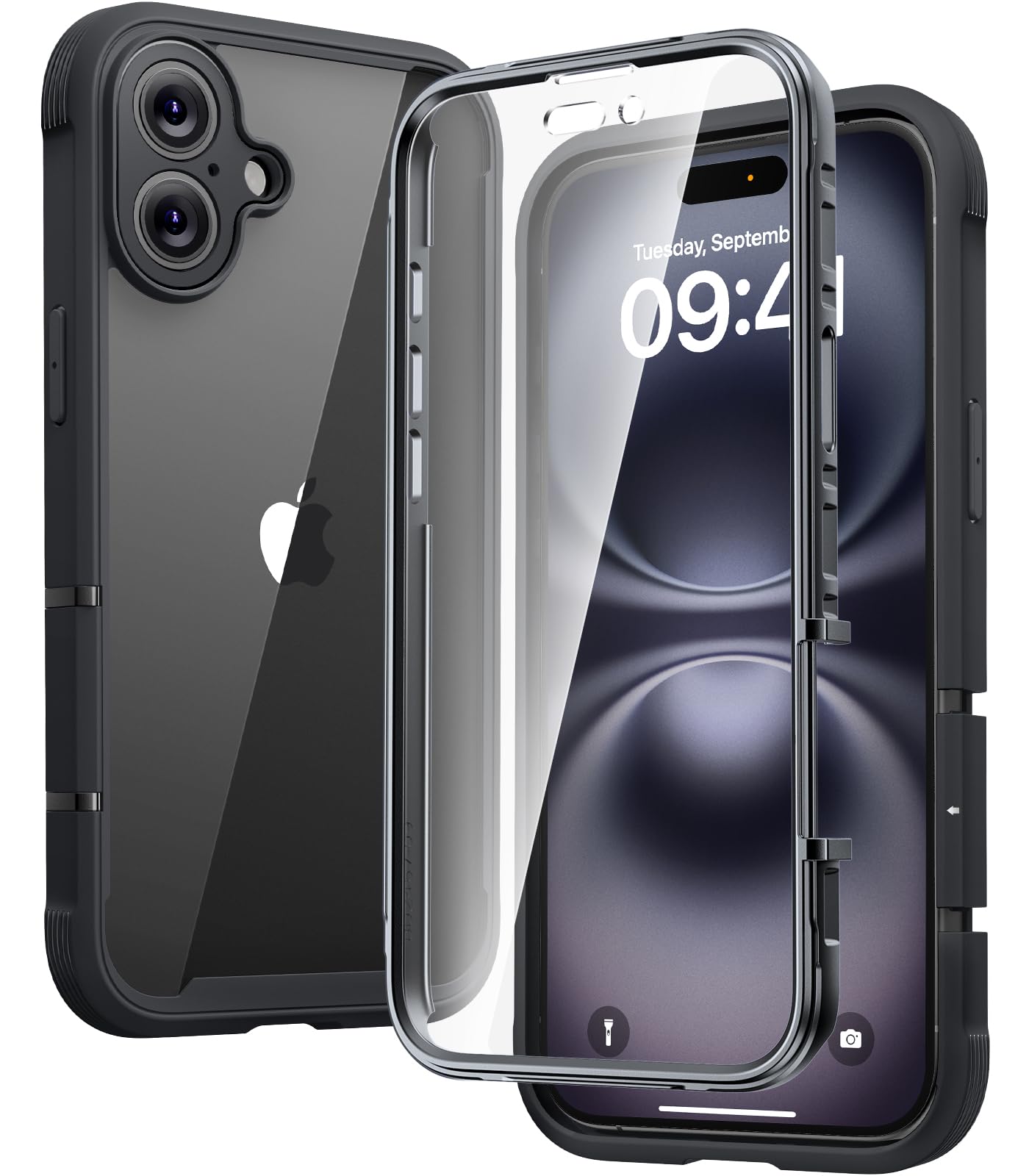 Diaclara iPhone 16 Plus Case - Full Body Rugged Clear Bumper - Black