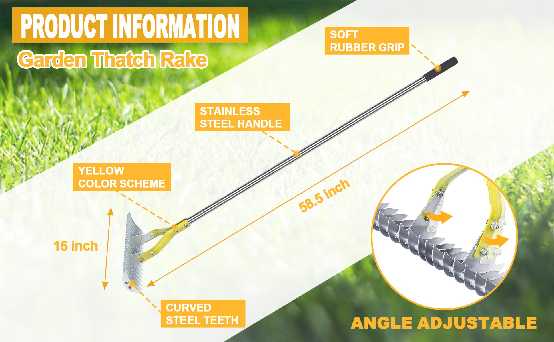 BARAYSTUS 15-Inch Thatch Rake | Steel Lawn Thatching Rake with 58" Handle
