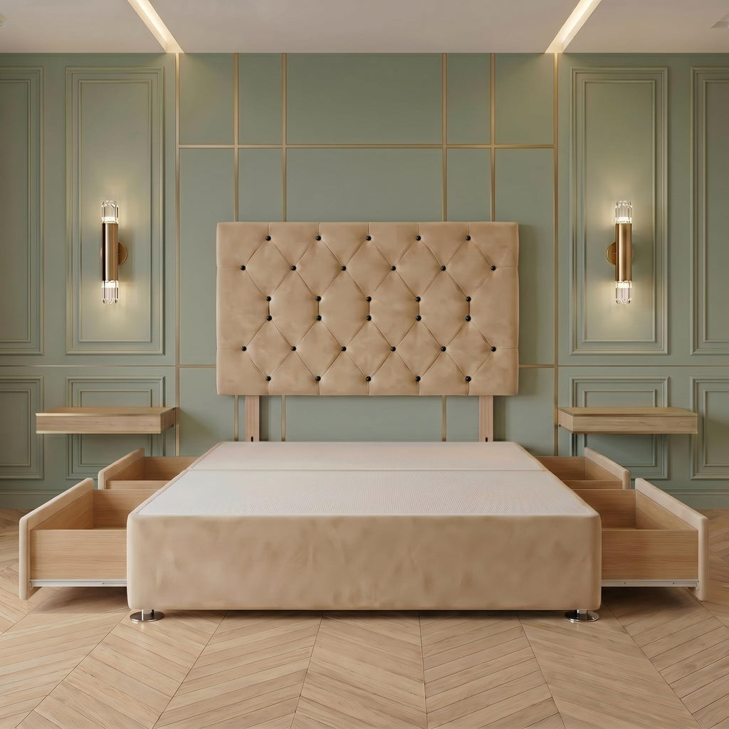Bed Centre Premier Divan Base with 2 Drawers and Matching Headboard - Available in Multiple Fabrics and Colours 3FT Single, Plush Beige