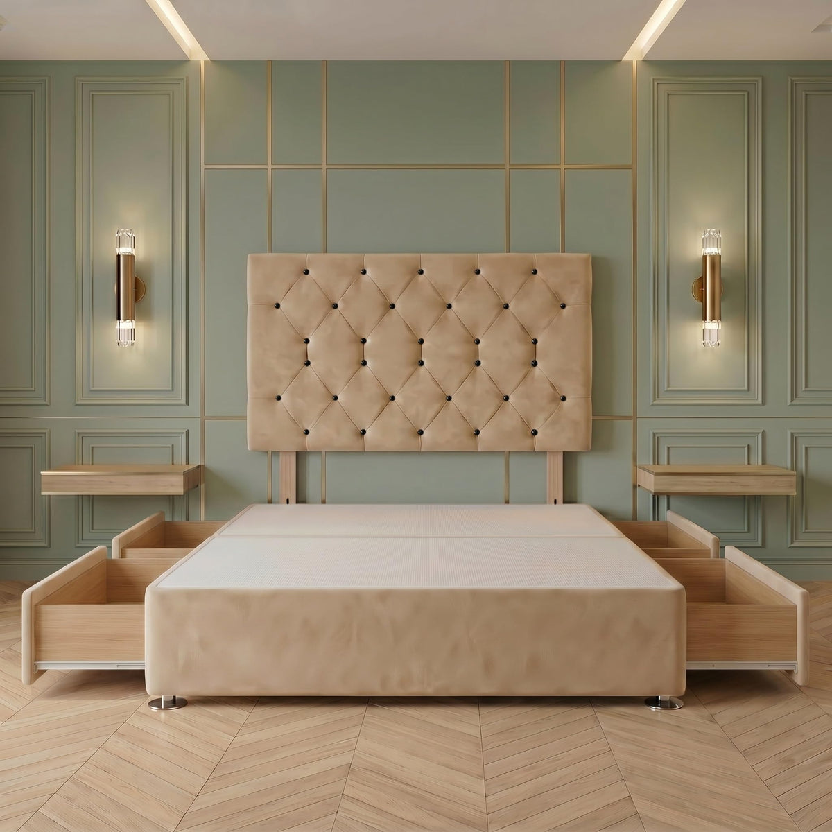Bed Centre Premier Divan Base with 2 Drawers and Matching Headboard - Available in Multiple Fabrics and Colours 3FT Single, Plush Beige