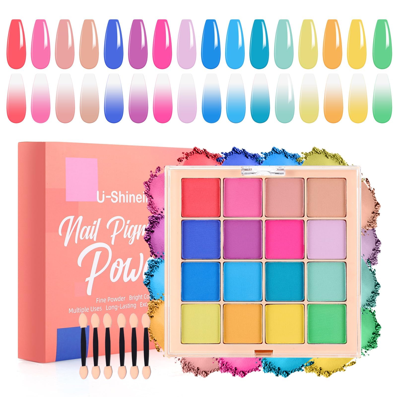 U-Shinein 16-Color Nail Pigment Powder Palette – Ombre Chrome Manicure Set