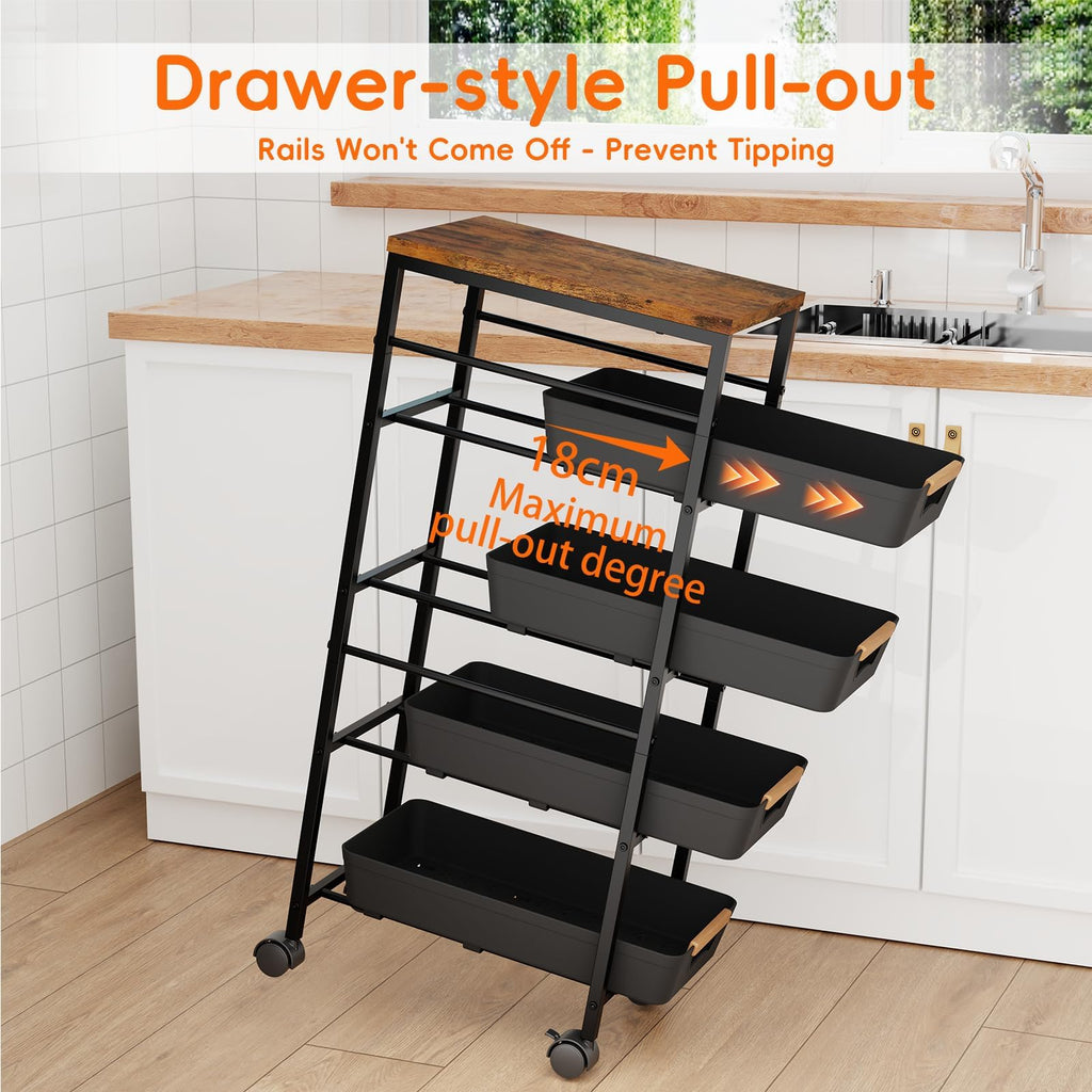 Uwoodia 5-Tier Slim Storage Trolley on Wheels, Metal Kitchen Rolling Cart with Pull-Out Baskets - image 3
