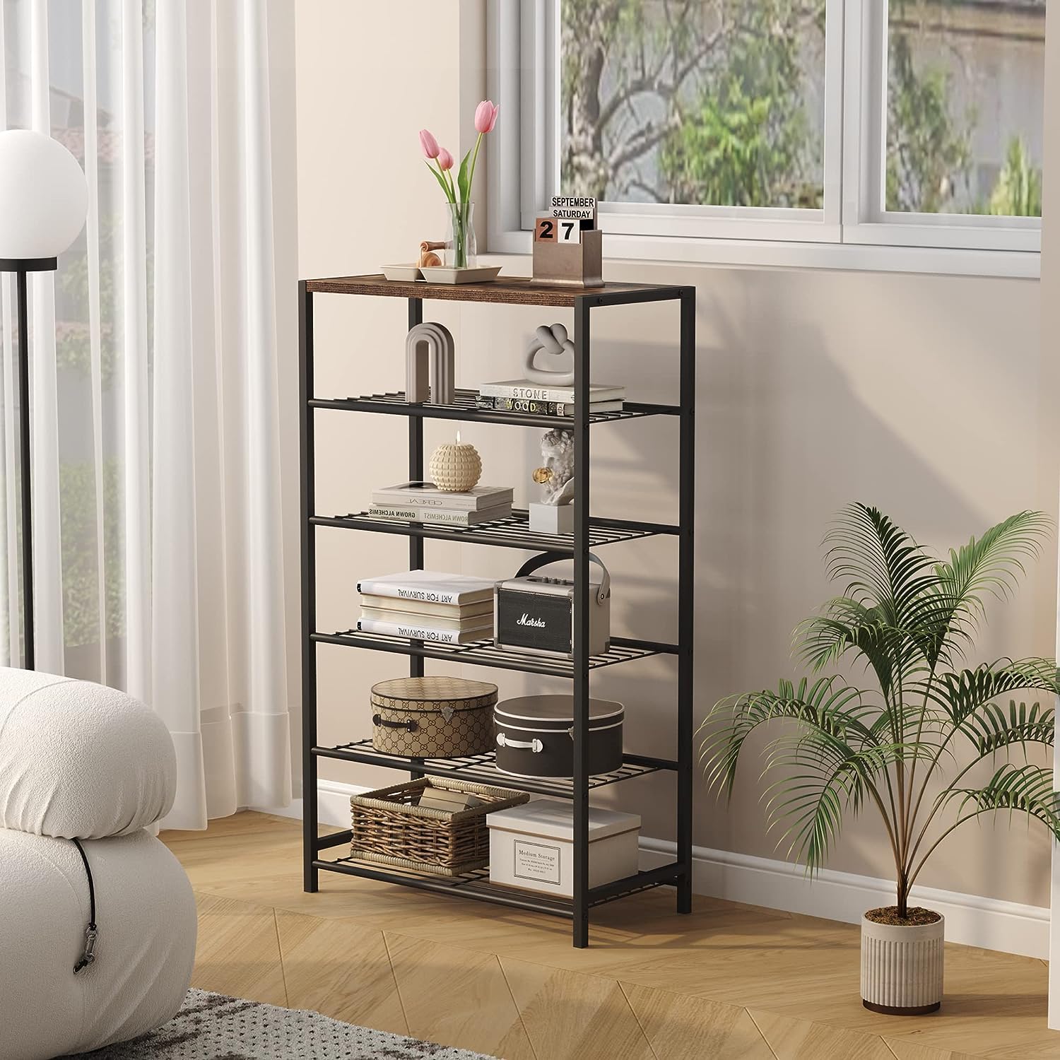 HOME BI 6-Tier Industrial Shoe Rack | Metal Storage Shelf with MDF Top