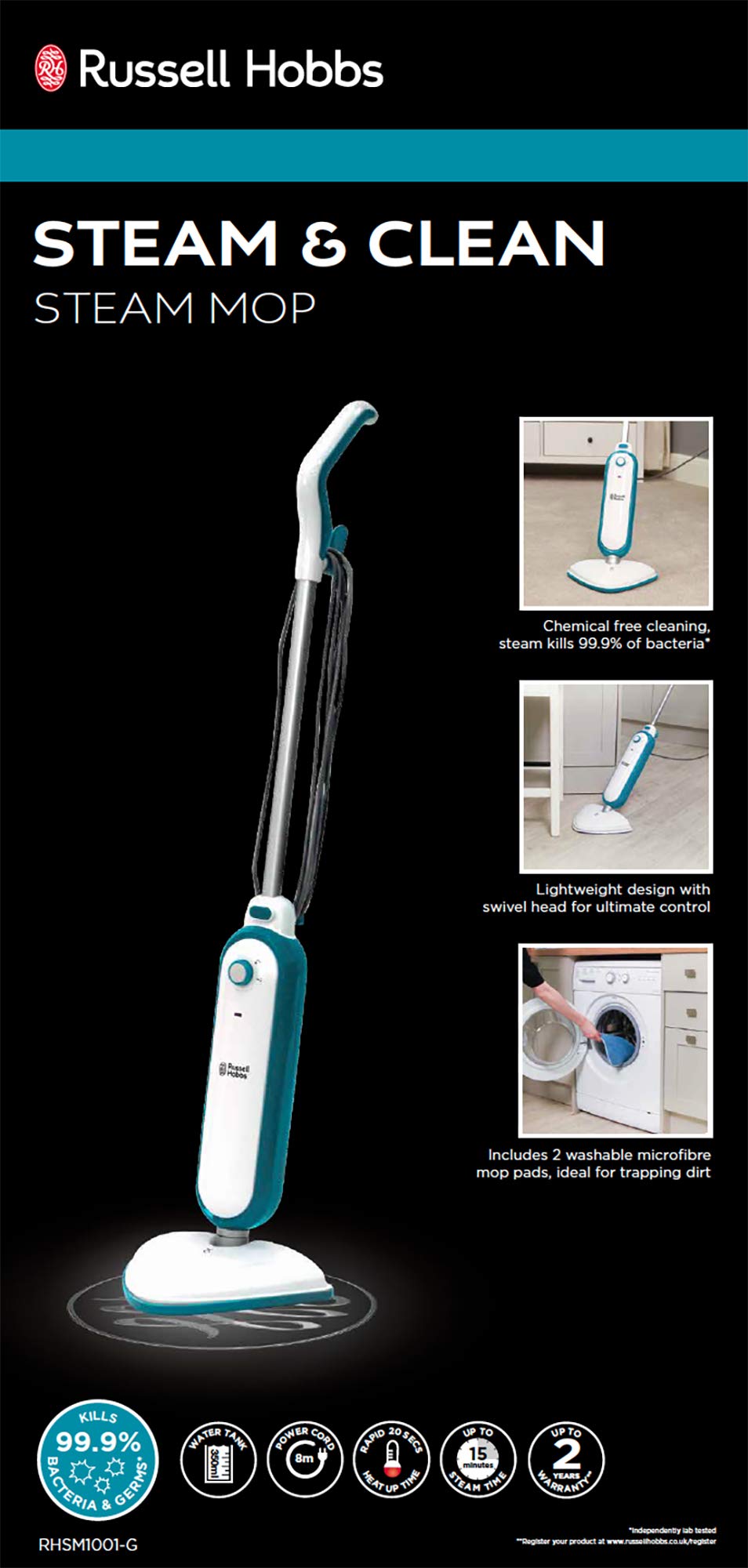 Russell Hobbs RHSM1001-G Steam Mop – Lightweight Floor Cleaner, Aqua