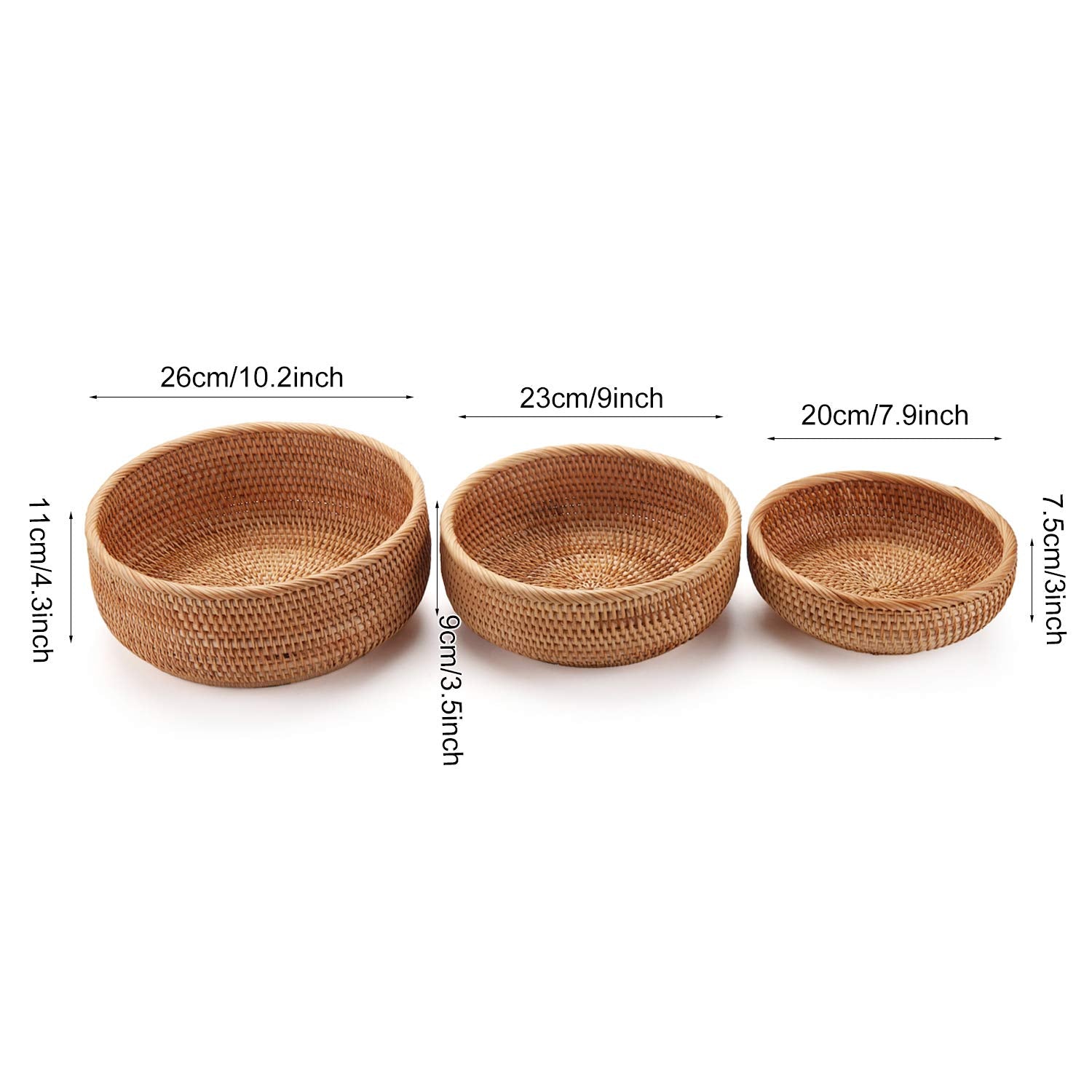 Round Rattan Storage Baskets – Woven Wicker Fruit Bowls, Set of 3