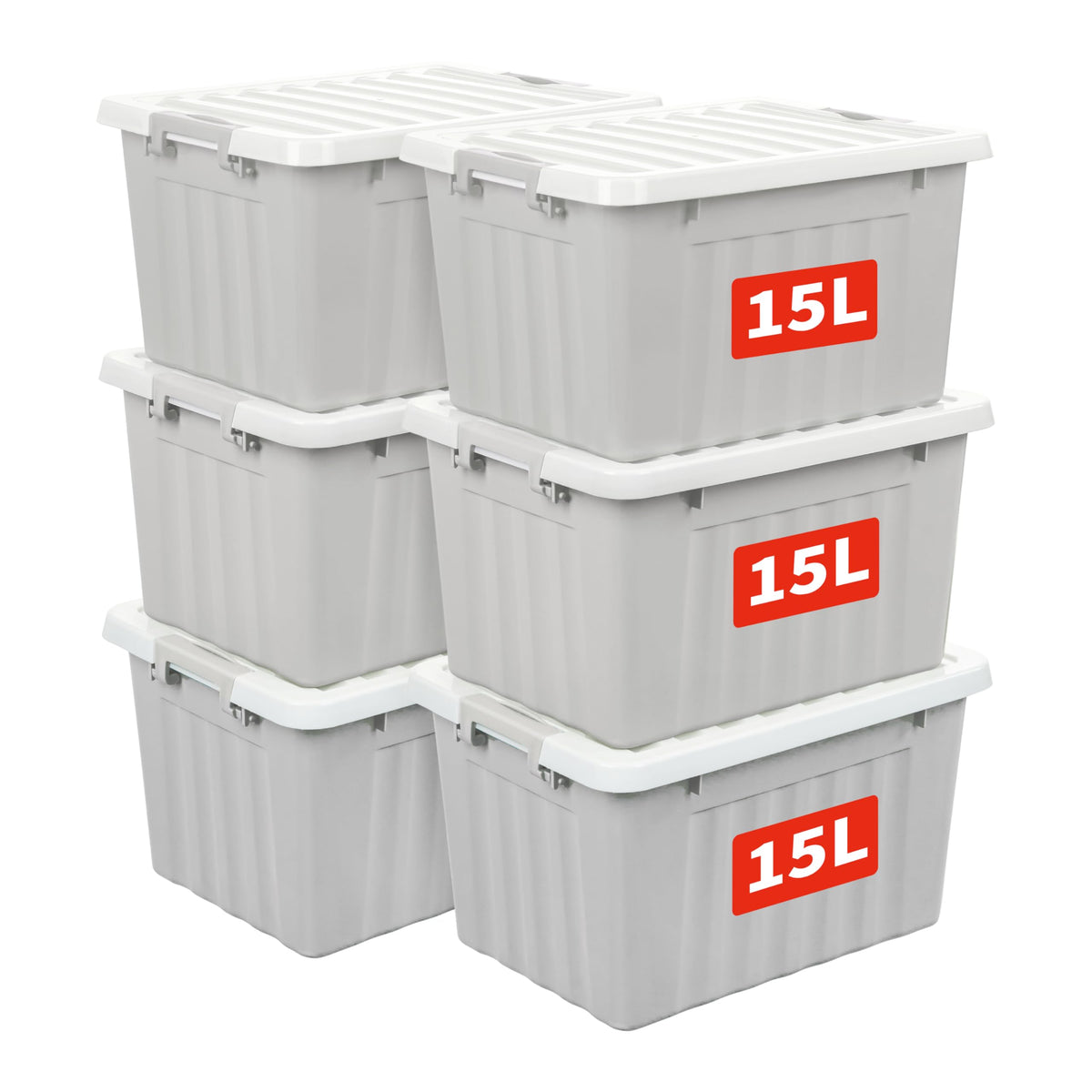 Cetomo 15L*6 Storage Boxes with Lids, Plastic Storage Box with Secure Side Latches, Stackable & Nestable Organizer for Home, Office, Moving, PP, Gray - image 1