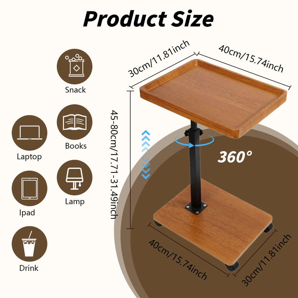 XUDREZ Adjustable Side Table, C Shaped Small Table with 4 Wheels 364° Swivel Tray, End Table for Living Room Bedroom Sofa Small Spaces Wood color