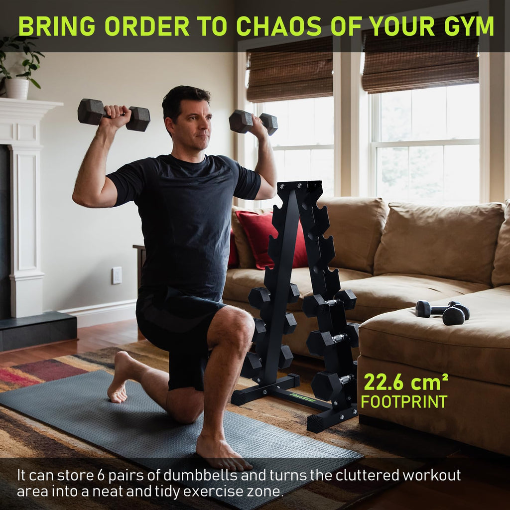 PhysKcal 6-Tier Dumbbell Rack - Heavy Duty Steel A-Frame Weight Stand