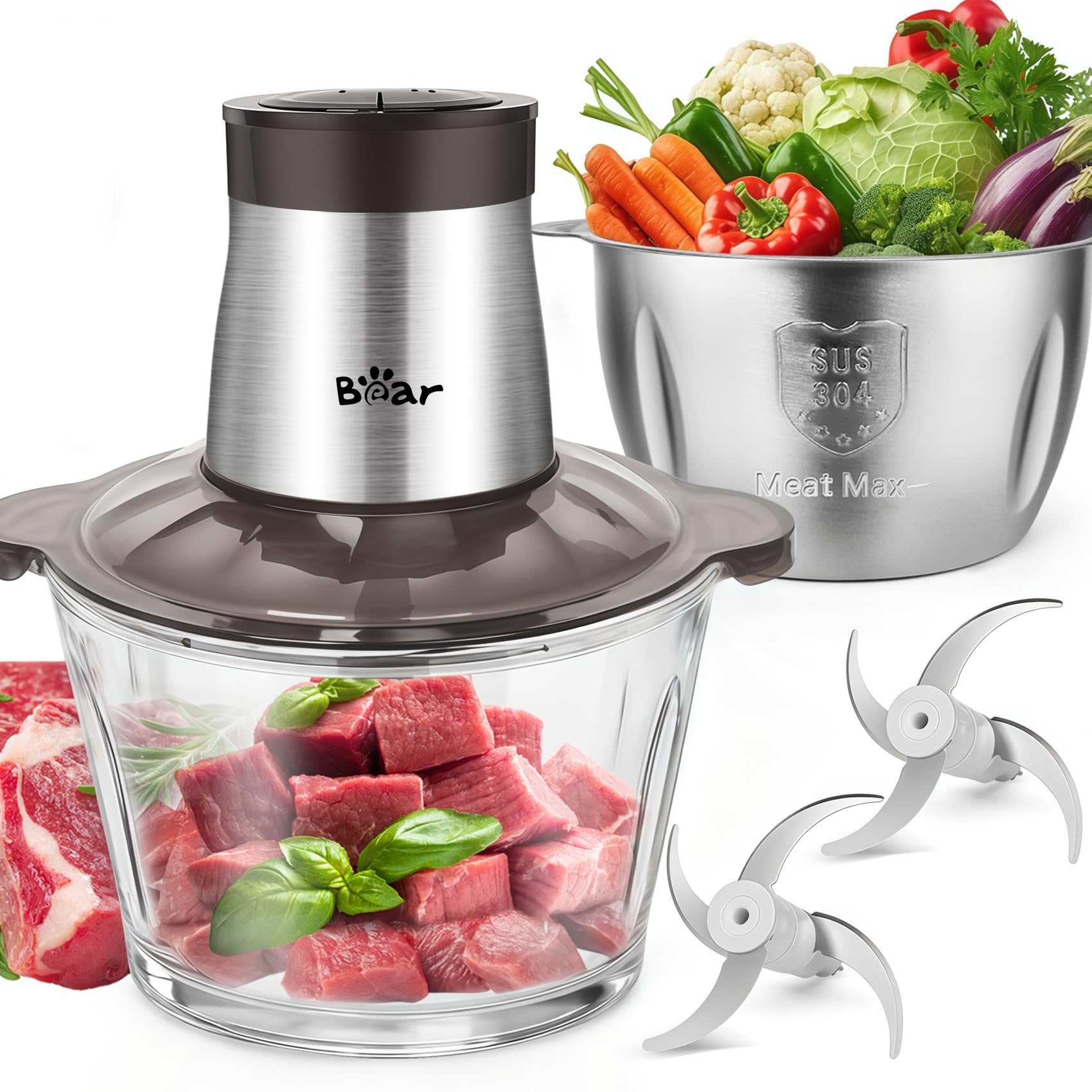 Bear Electric Food Processor & Chopper | 600W Dual Glass & Steel Bowls