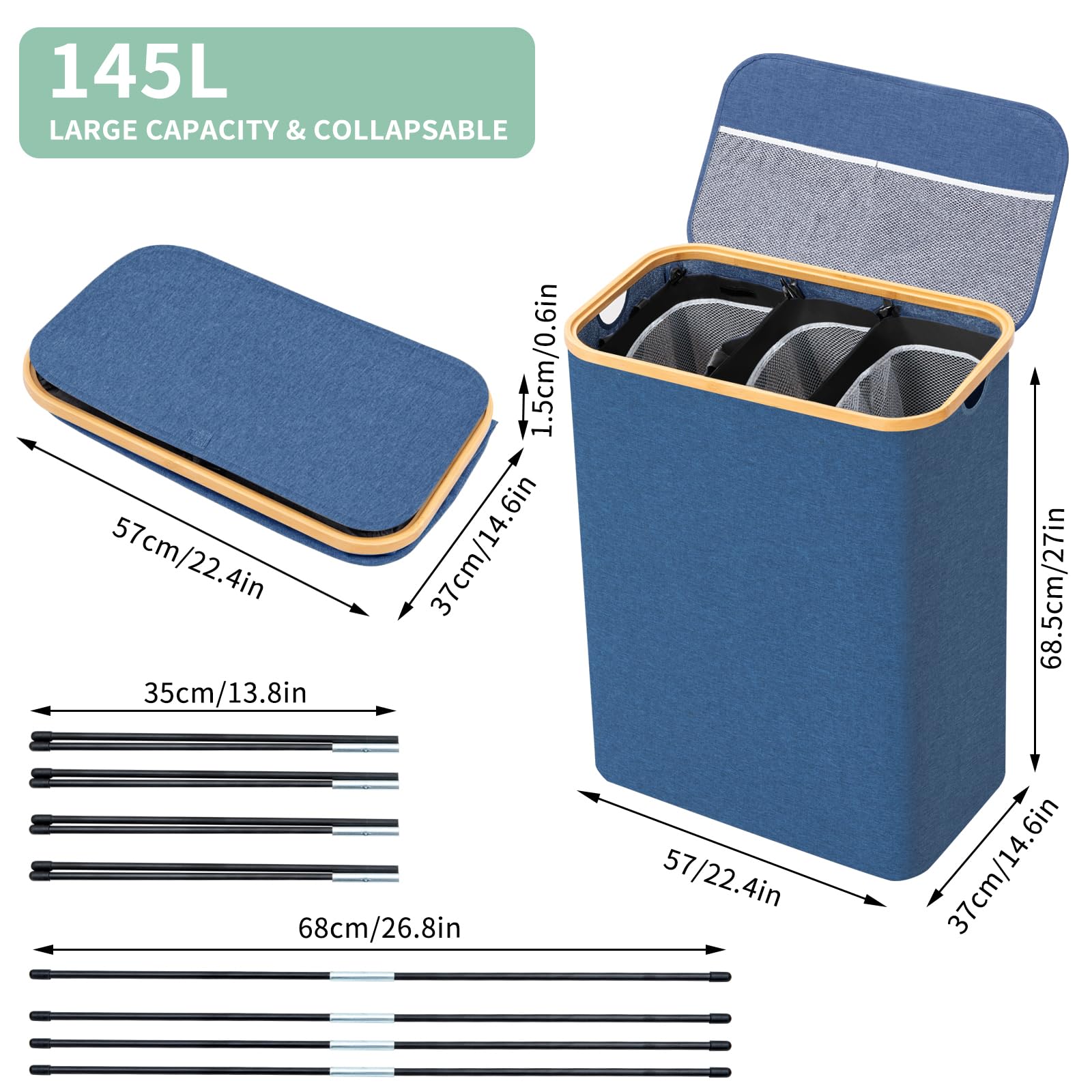 BRIAN & DANY 145L Laundry Basket | 3 Compartment Collapsible Hamper