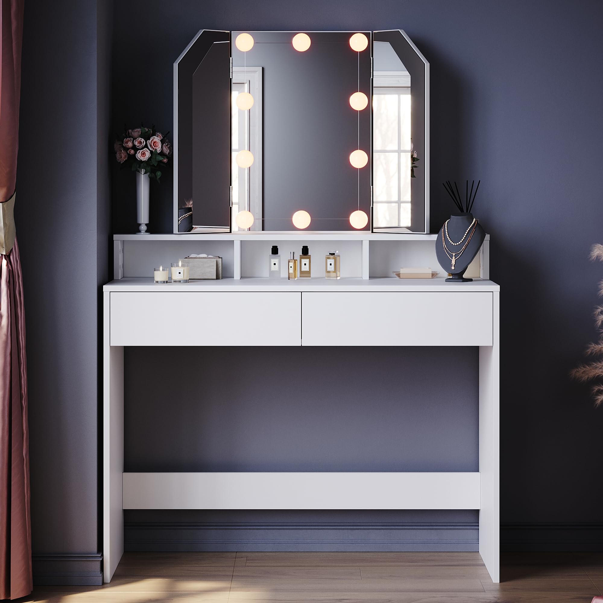 Makeup Vanity Desk with Tri-Fold Mirror & Hollywood LED Lights