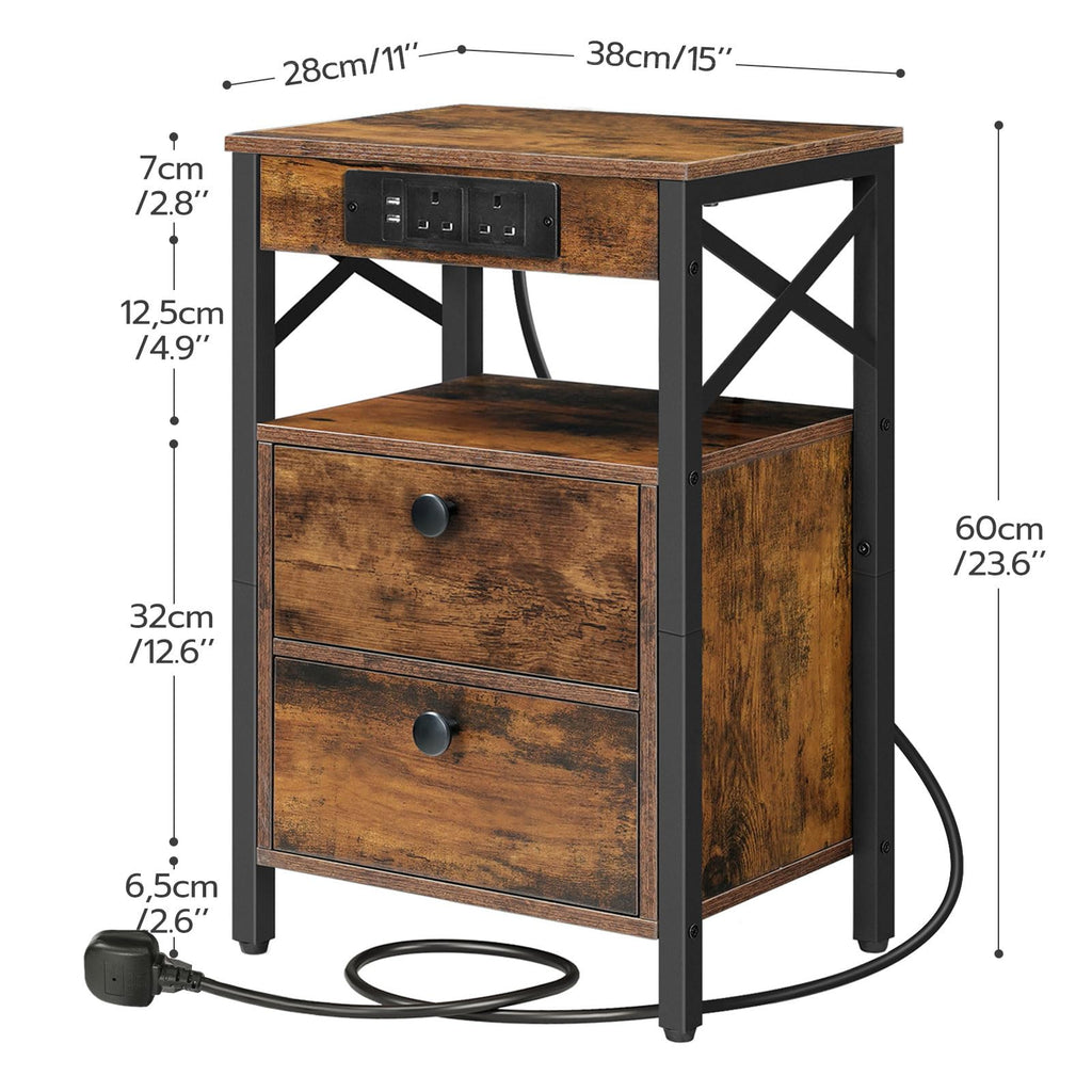 HOOBRO Bedside Table with Charging Station - 2 Drawers, Rustic Brown