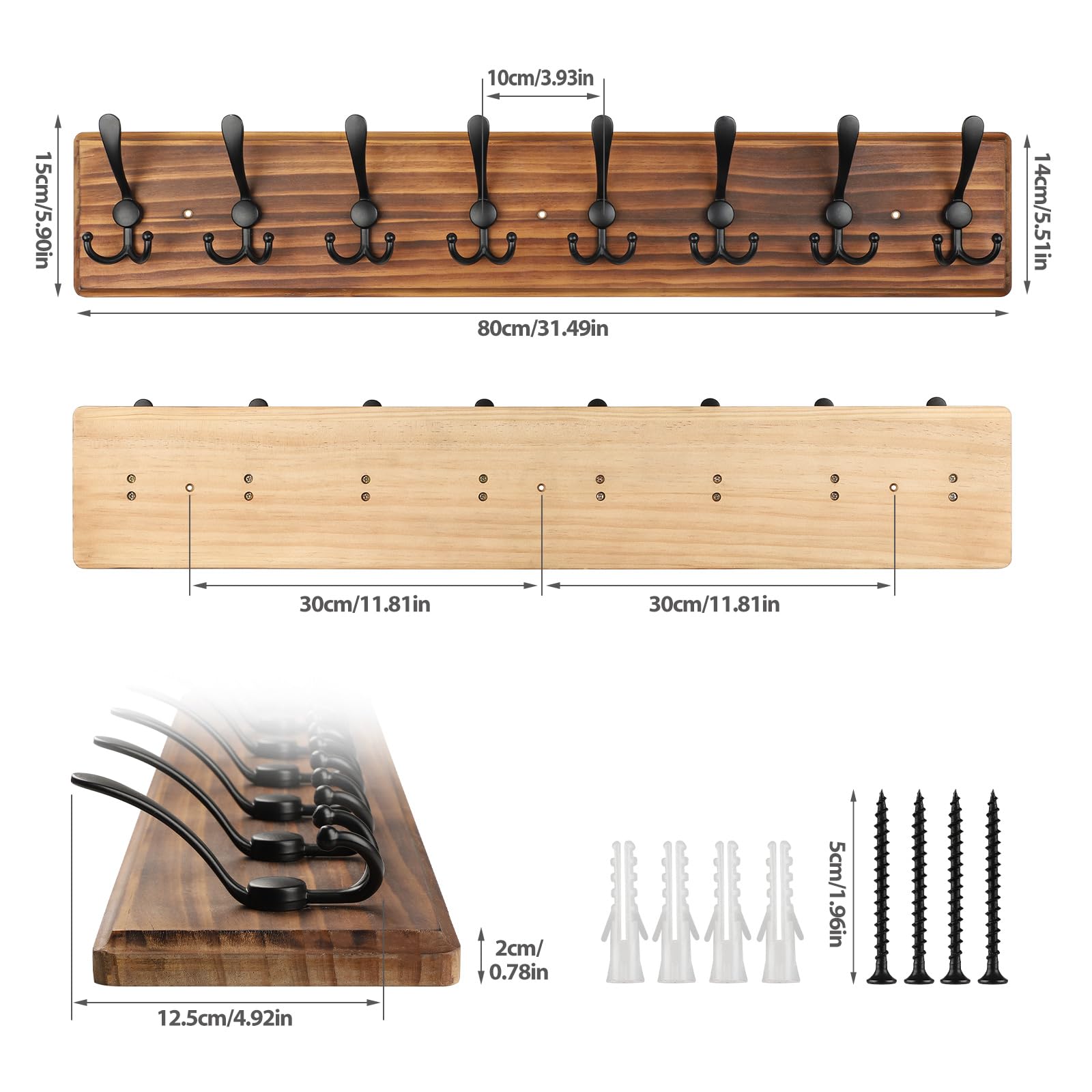 PHINGEER Wall Mounted Coat Rack – 8 Triple Hooks Heavy Duty Pine Wood