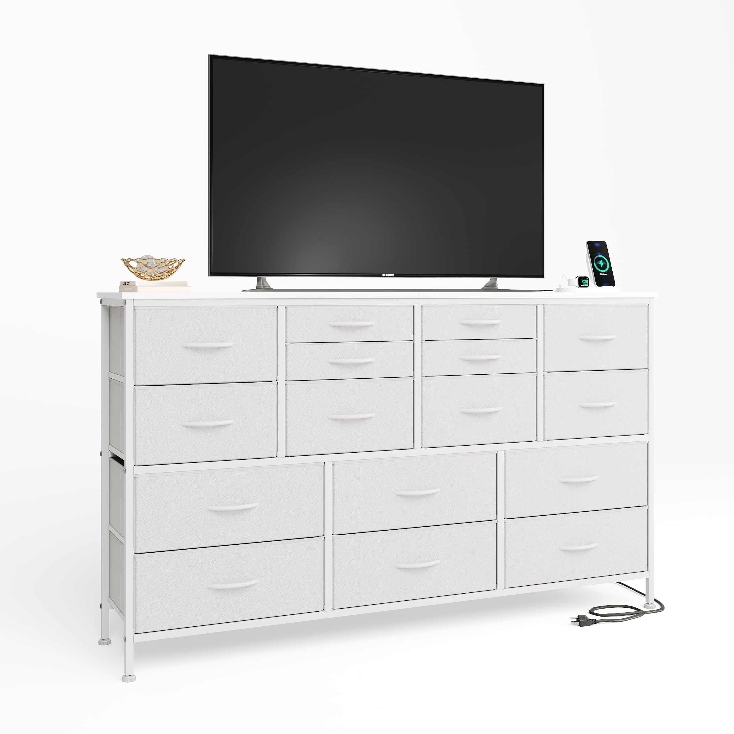 CAIYUN 16 Drawer Dresser with Charging Station | Fabric TV Stand – White