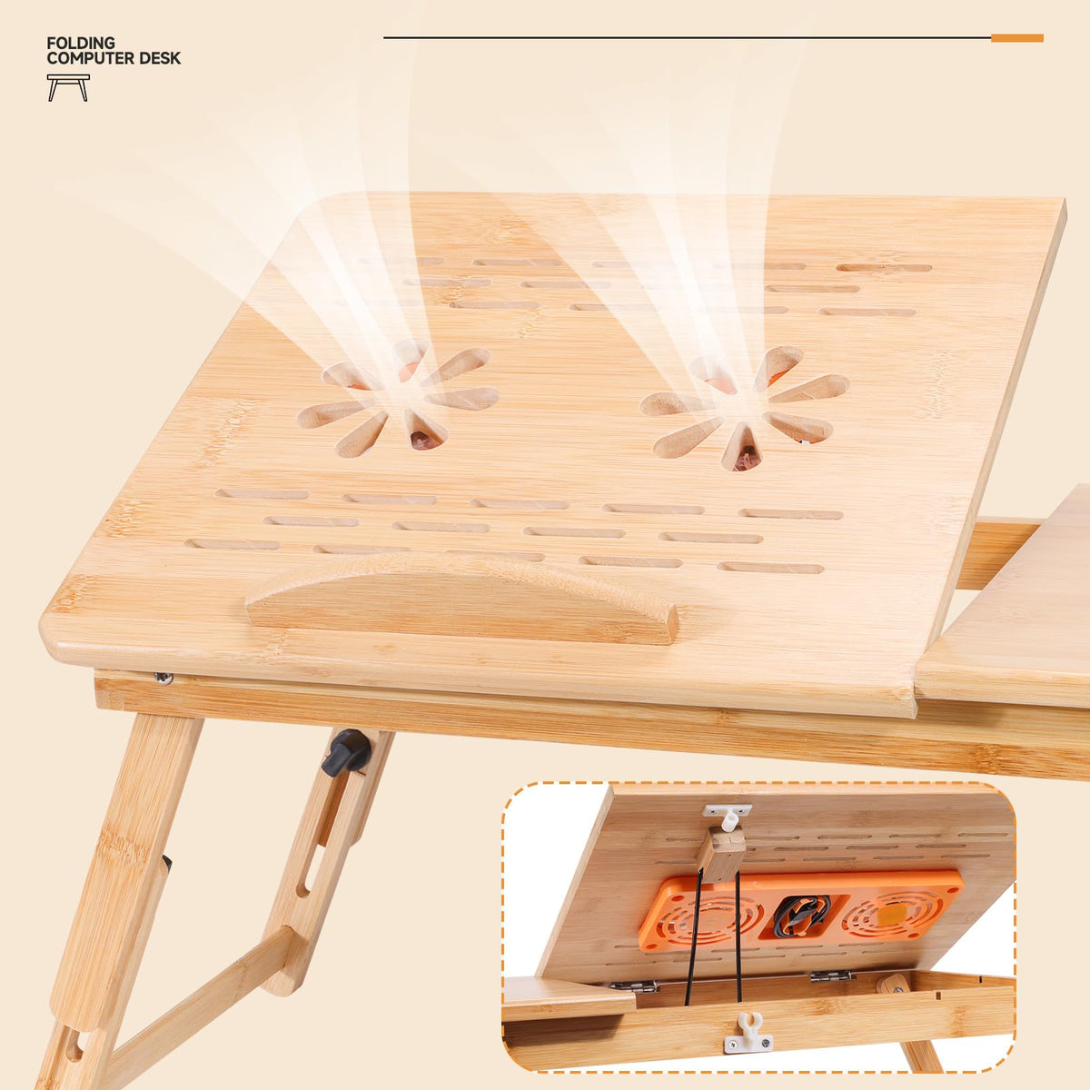 Adjustable Bamboo Laptop Desk with Cooling Fan, Foldable Bed Tray for Breakfast, Writing, and Drawing, with Tilting Top and Drawer - image 5