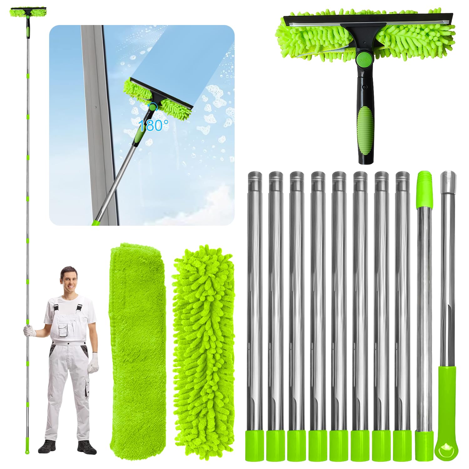 Exquilnova 4.5M Window Cleaning Kit – Telescopic Squeegee with 10 Poles