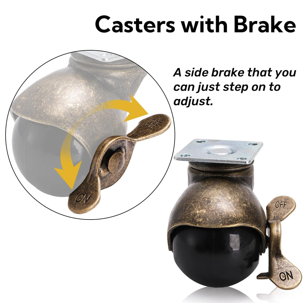Goaste 8 Pack 50mm Ball Caster Wheels, Antique Brass Swivel Casters with Brakes, Vintage Spherical Ball Casters with Sockets - image 4