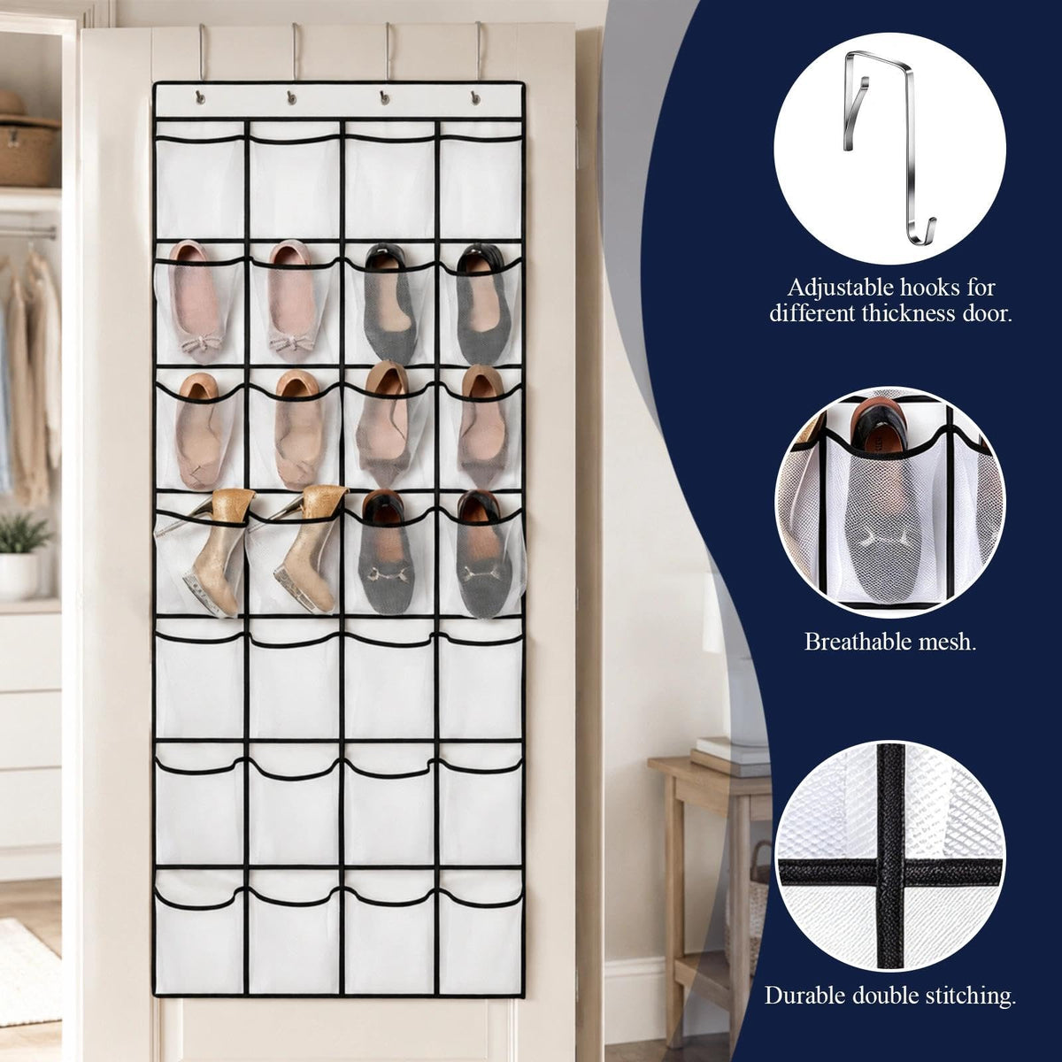 EVTHUR Over Door Shoe Storage Organiser 28 Large Mesh Pockets Hanging Shoe Rack Holder with 4 Hooks - image 3