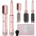 Rose gold hair styling tool set with attachments and packaging on a white background