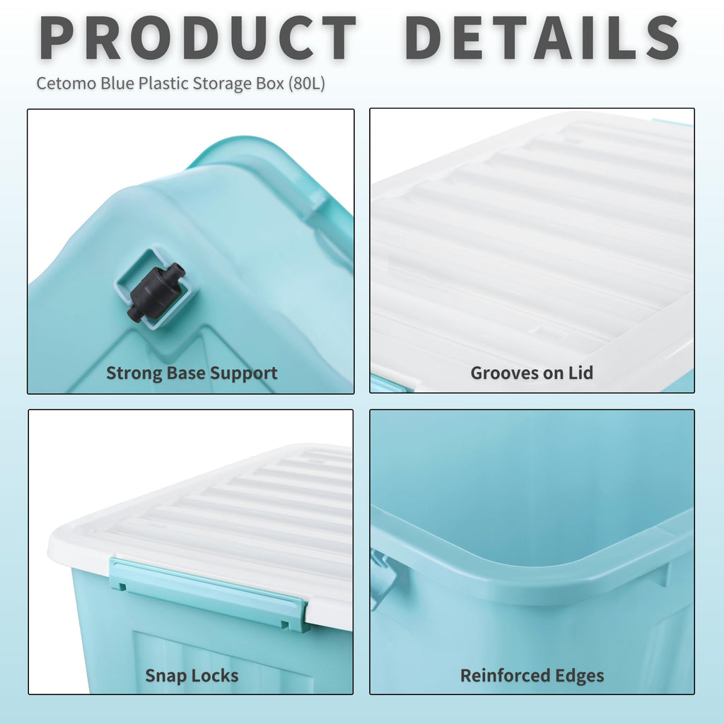 Cetomo 80L*3 Storage Boxes with Lids, Plastic Storage Box with Wheels and Secure Side Latches, Stackable & Nestable Organizer for Home, Office