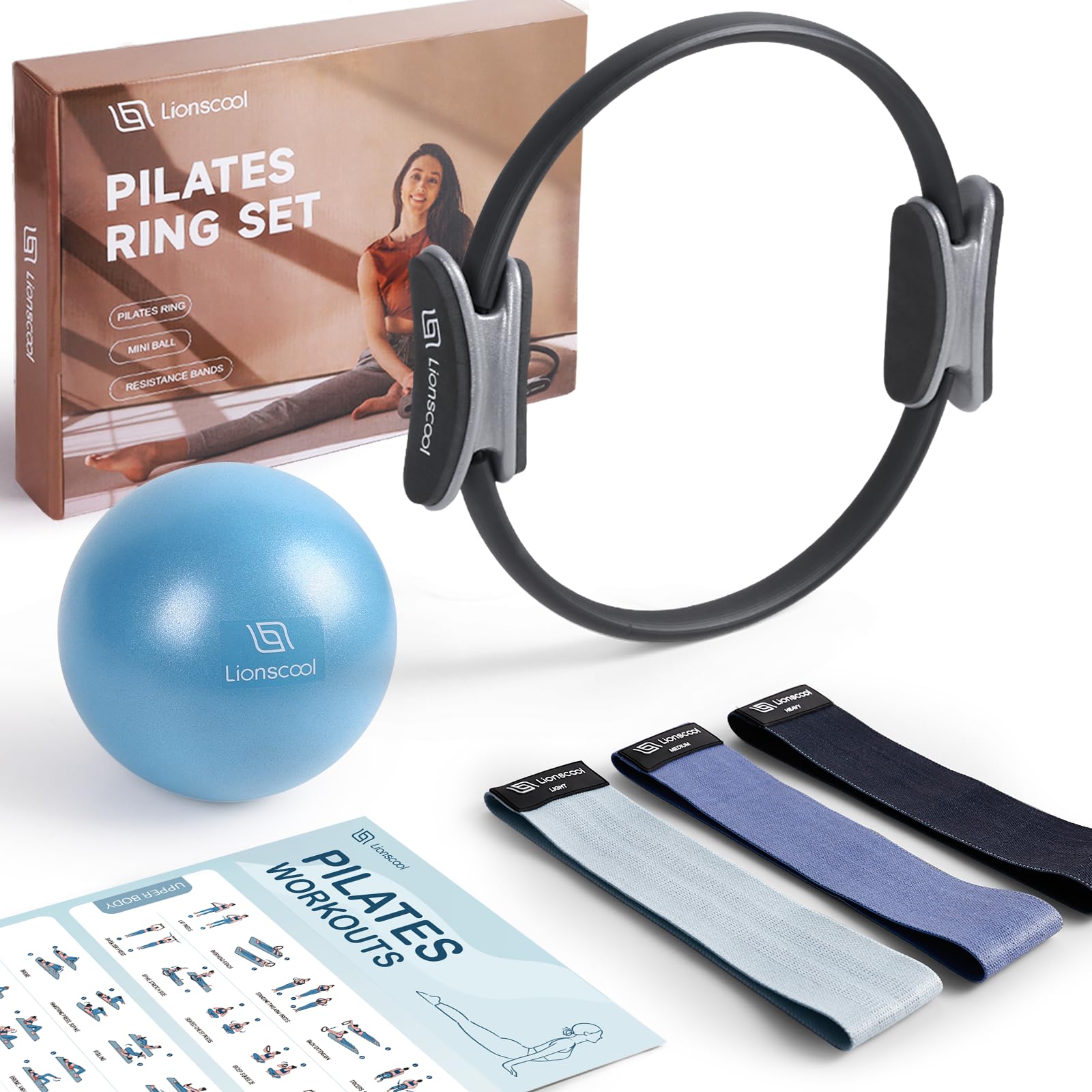 LIONSCOOL Pilates Ring Set - 14 Inch Magic Circle with Resistance Bands