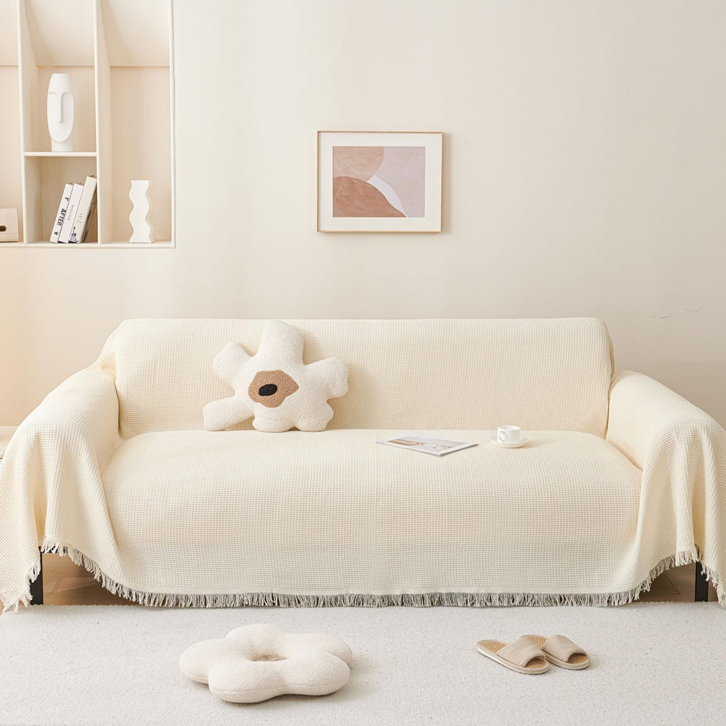 LHGOGO Waffle Pattern Sofa Throw – Large 3 Seater Cotton Blend Cream