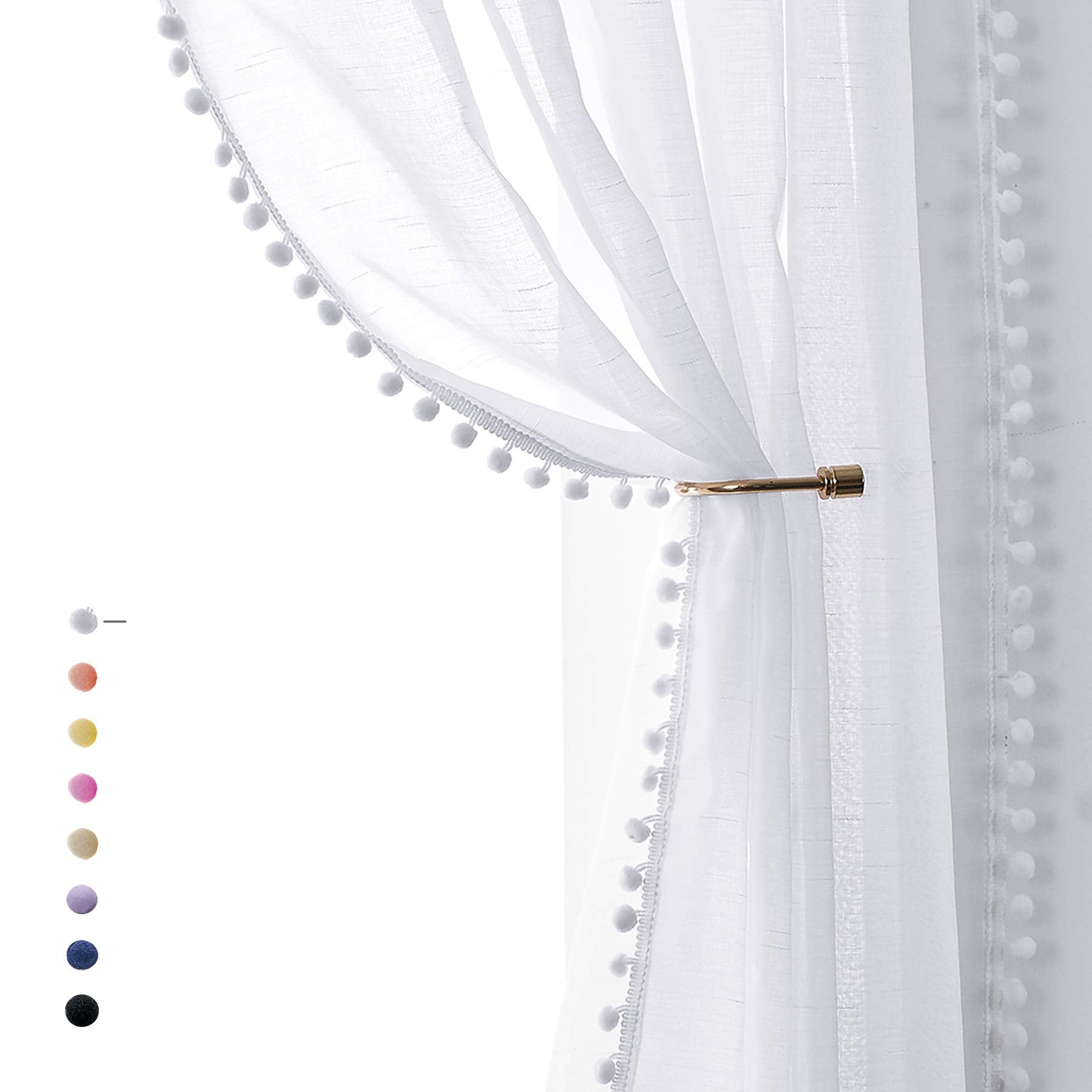 Snow White Pom Pom Sheer Curtains | Linen Look Voile - 52 x 90