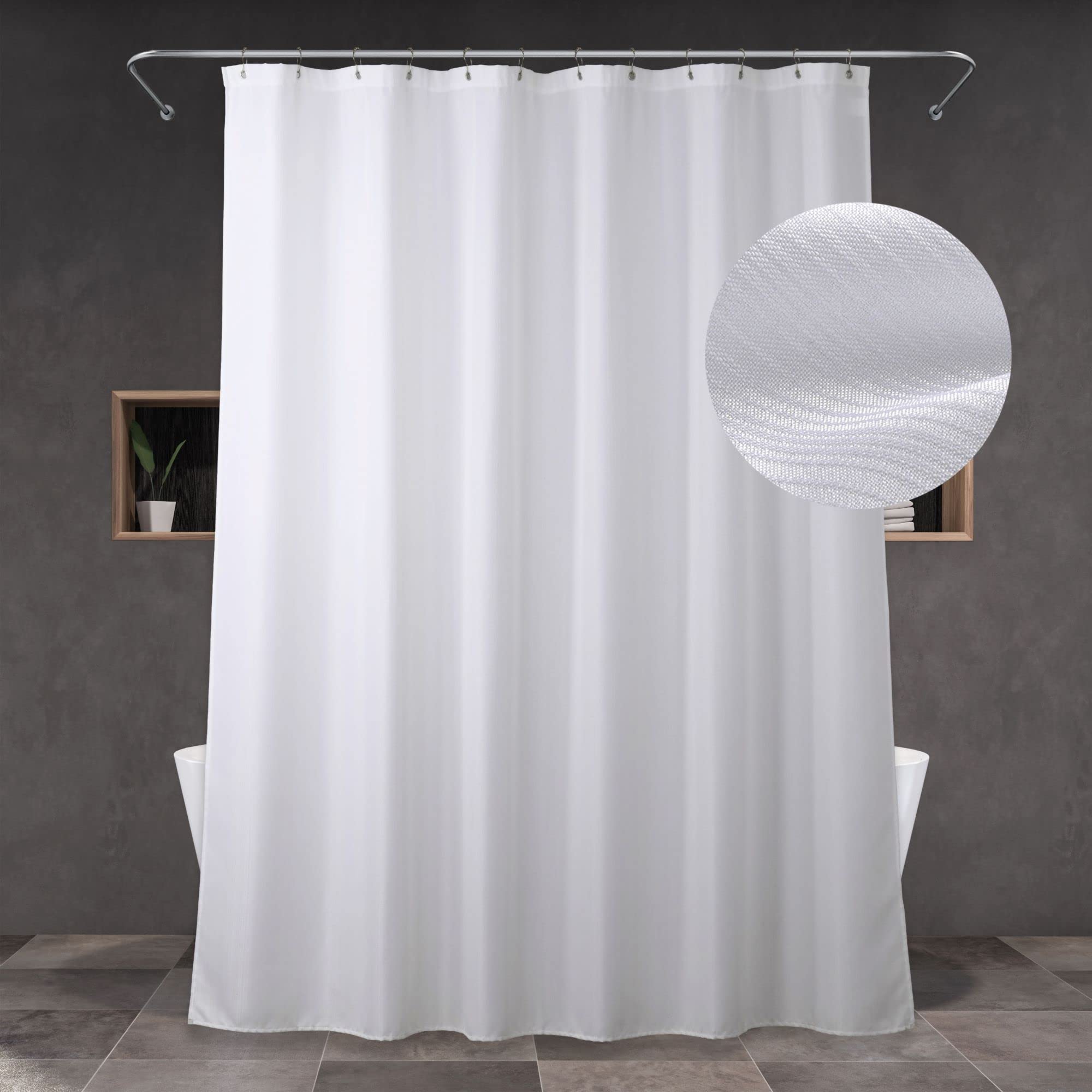 PopKozzi White Linen Textured Shower Curtain – Water Repellent Polyester