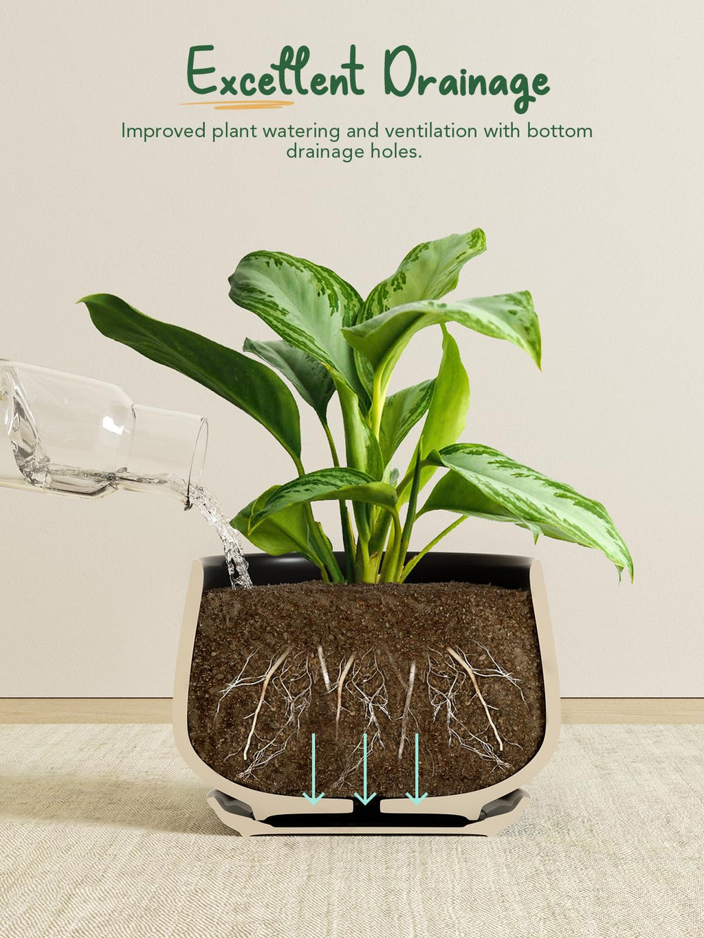 LE TAUCI Ceramic Plant Pots - Set of 3 Modern Indoor Planters with Saucers