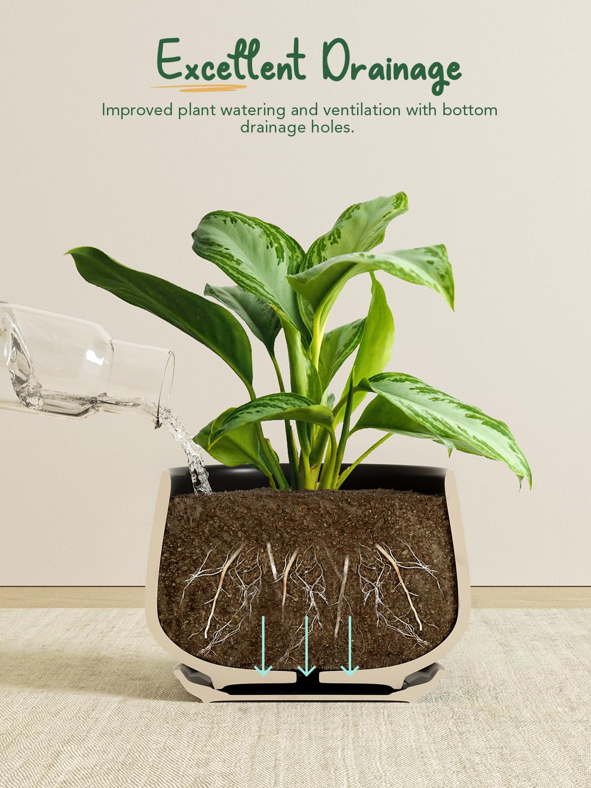 LE TAUCI Ceramic Plant Pots - Set of 3 Modern Indoor Planters with Saucers