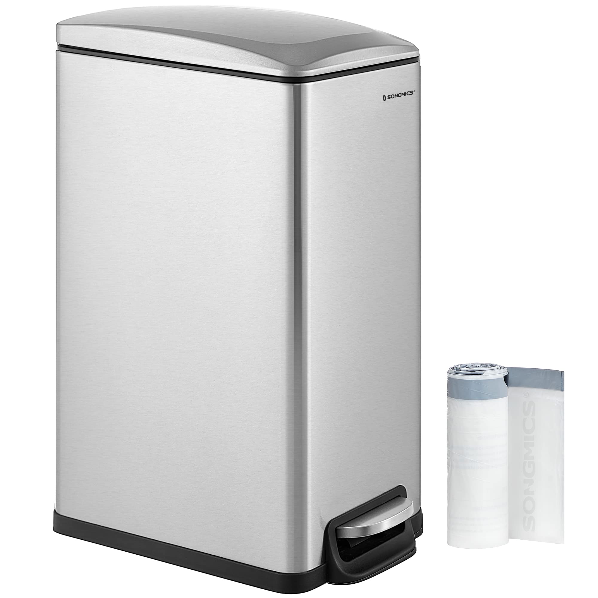 SONGMICS 48L Slim Kitchen Bin | Stainless Steel Soft-Close Pedal Bin