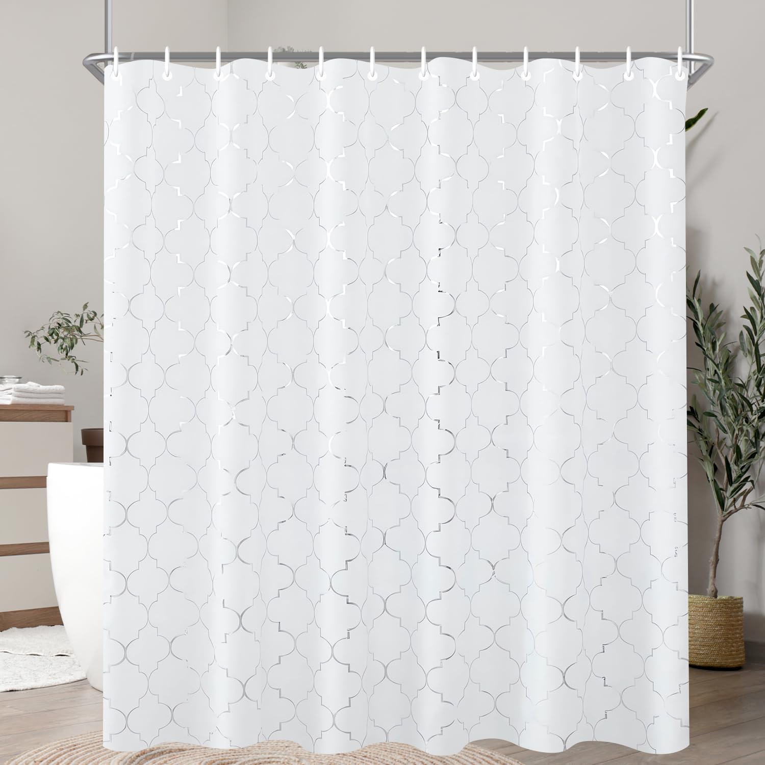 Lerores Silver Flower Shower Curtain – 180x200cm Anti-Mould Polyester