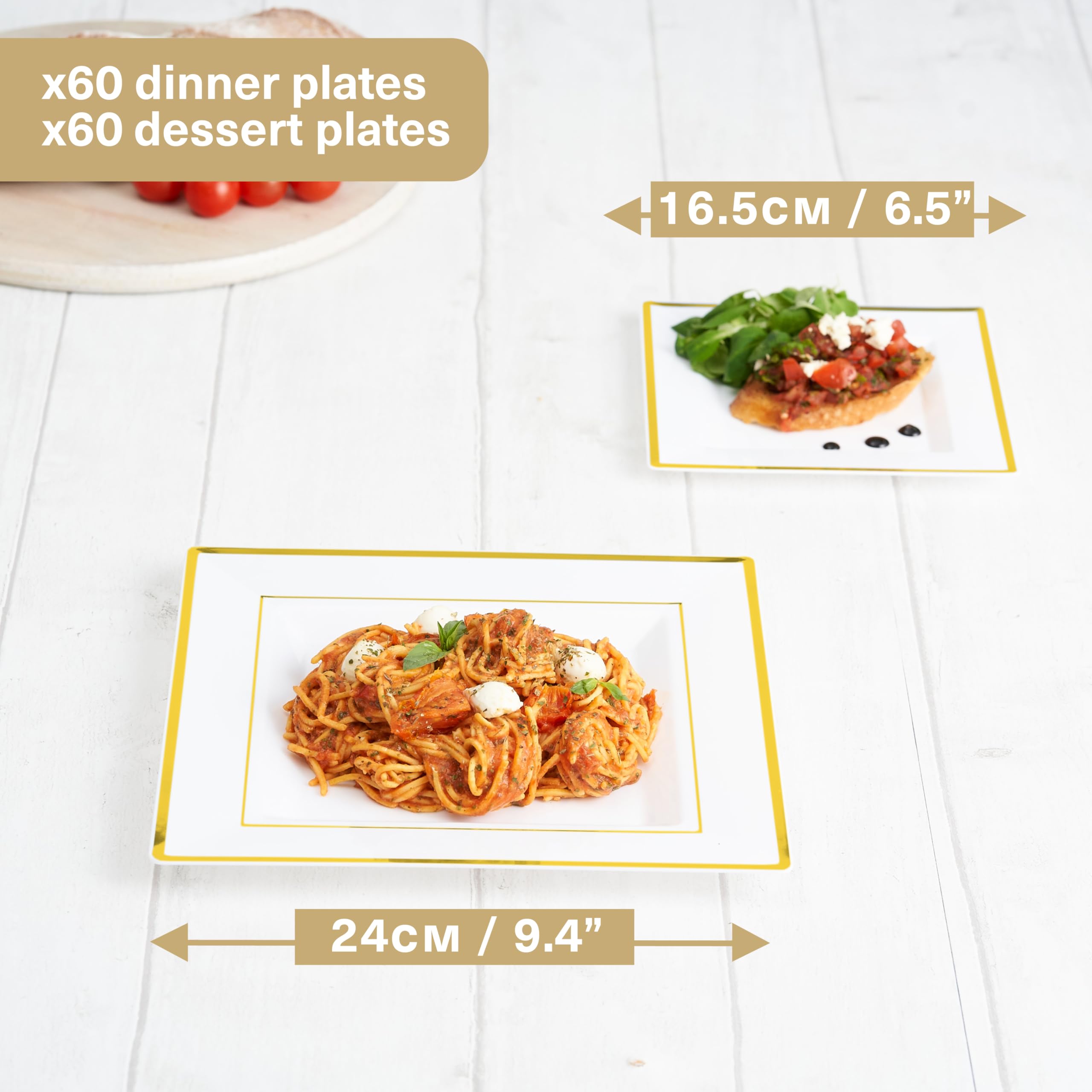 MATANA 120-Piece White Square Plastic Plates with Gold Rim for Parties