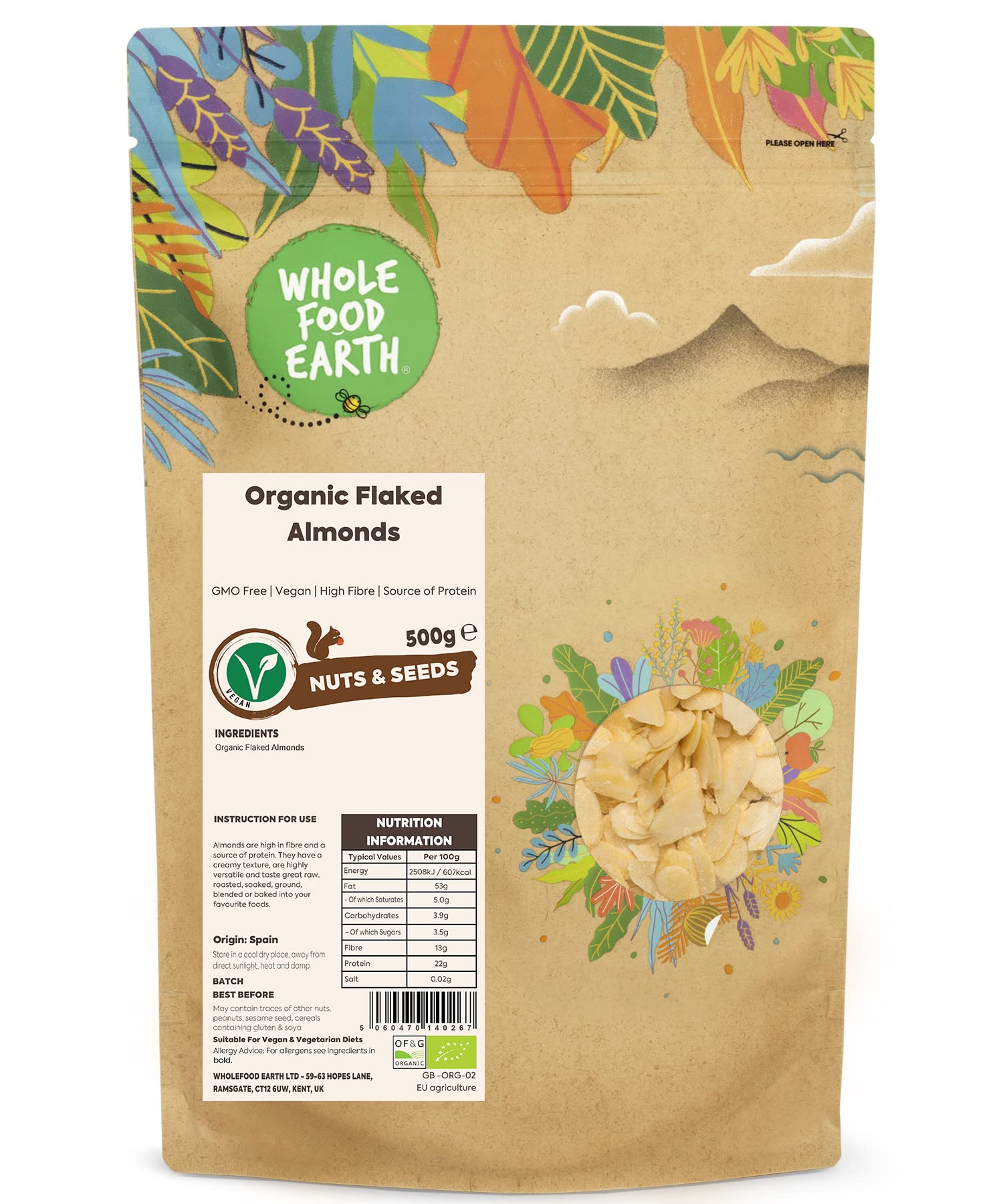 Wholefood Earth Organic Flaked Almonds – 500g Raw Vegan Nut Garnish