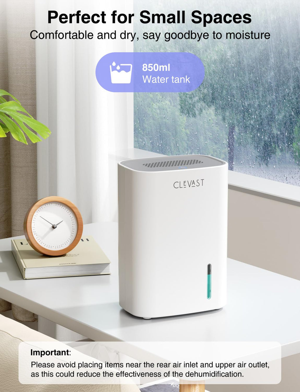 CLEVAST Small Dehumidifier - 850ml Portable Electric Unit for Home & RV