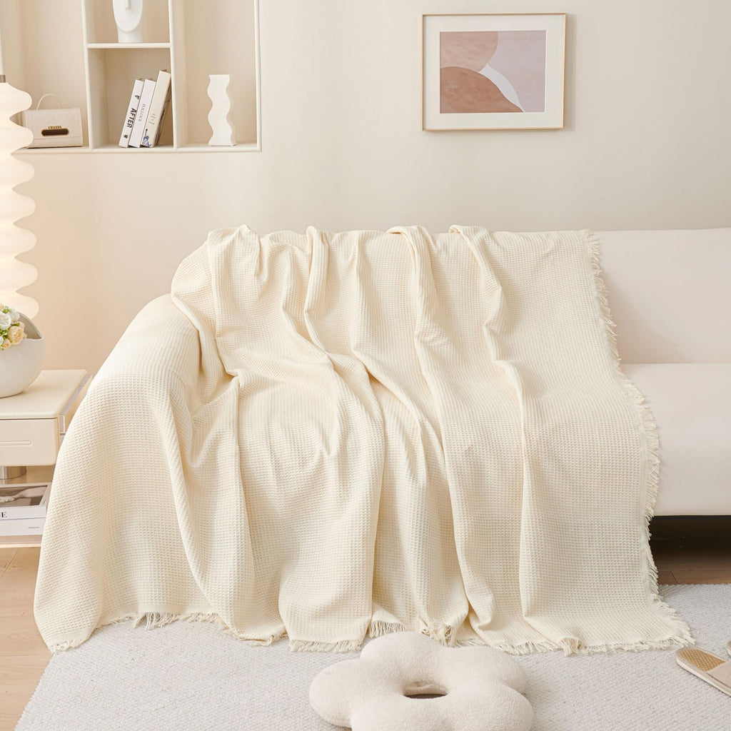LHGOGO Waffle Pattern Sofa Throw – Large 3 Seater Cotton Blend Cream