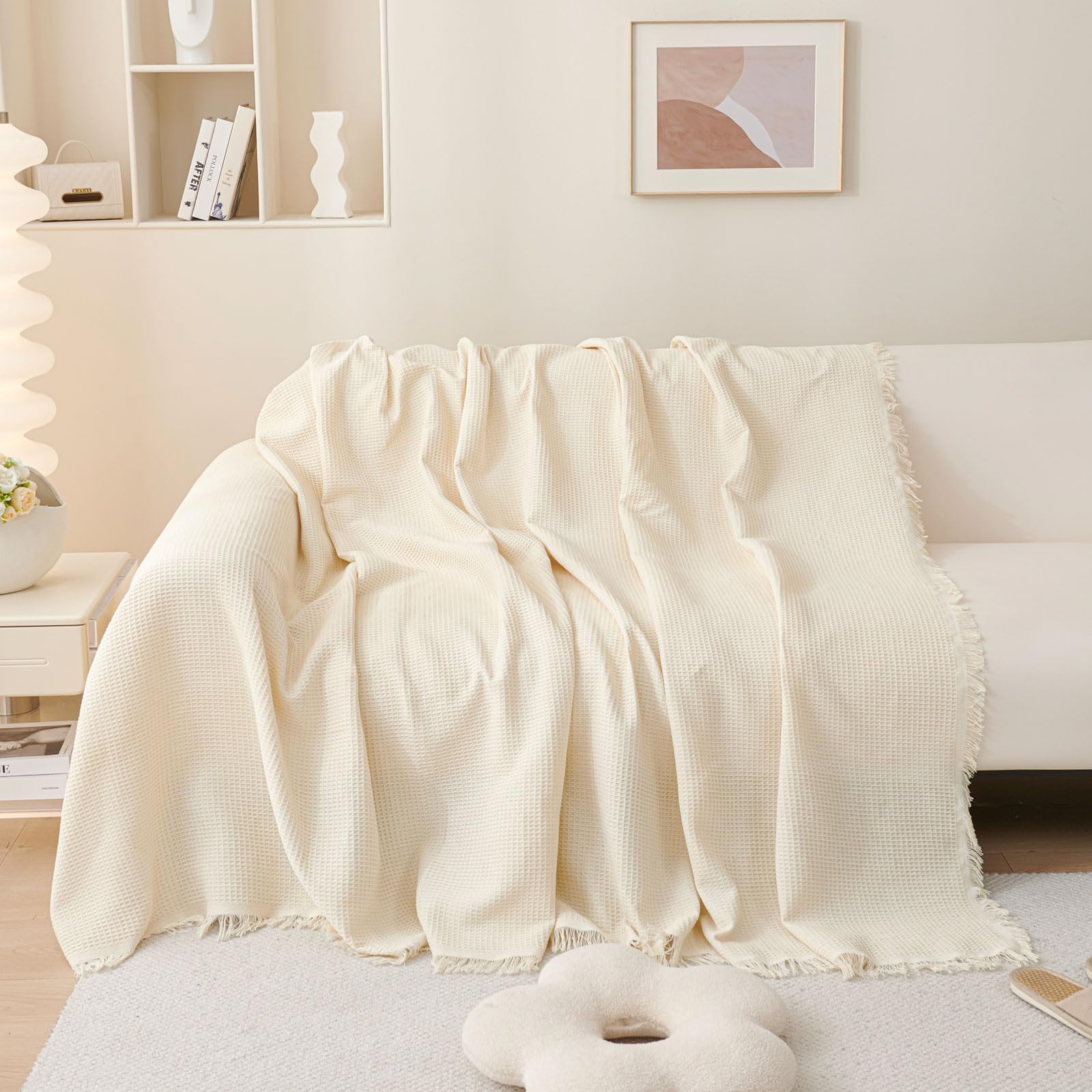 LHGOGO Waffle Pattern Sofa Throw – Large 3 Seater Cotton Blend Cream