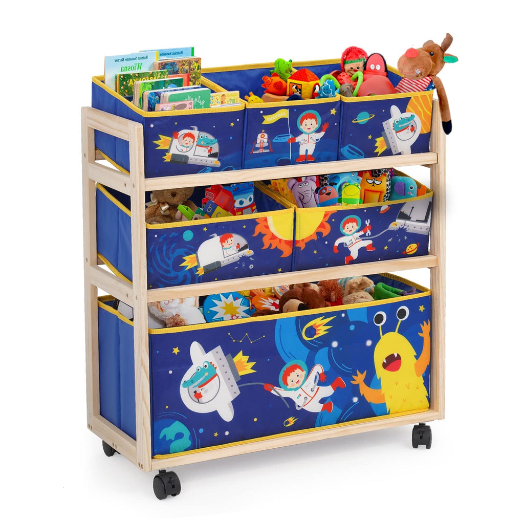 NUKied 3-Tier Wooden Kids Toy Storage Organizer with Wheels & 6 Bins