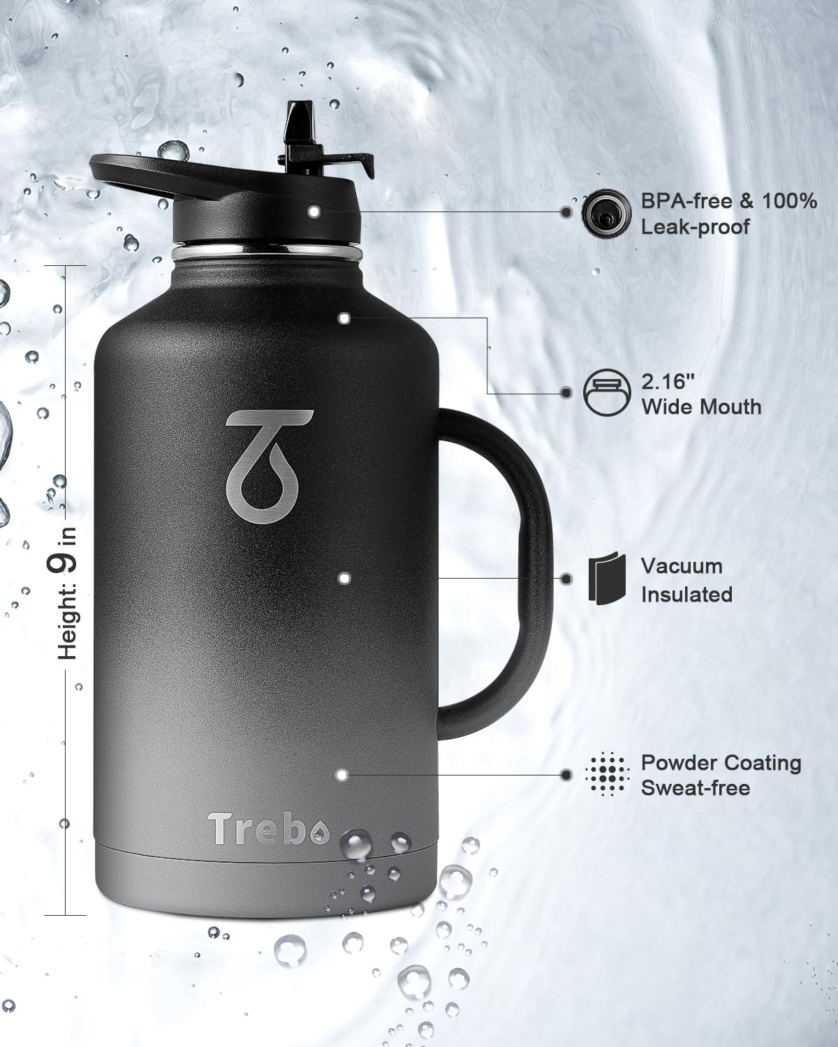 Trebo 2L Insulated Water Bottle – Stainless Steel Large Travel Flask