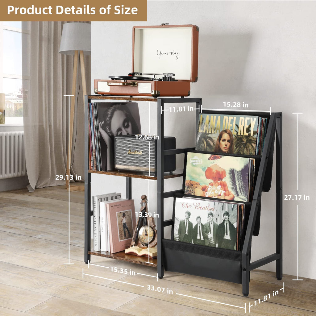 Bikoney 3-Tier Record Player Stand | Vinyl Storage Table for 200 Albums