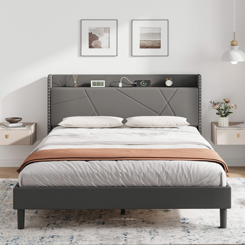 IRONCK 5ft King Size Bed Frame with Charging Station, Bed Frame King with Upholstered Storage Headboard, Sturdy Wooden Slat Support - image 1