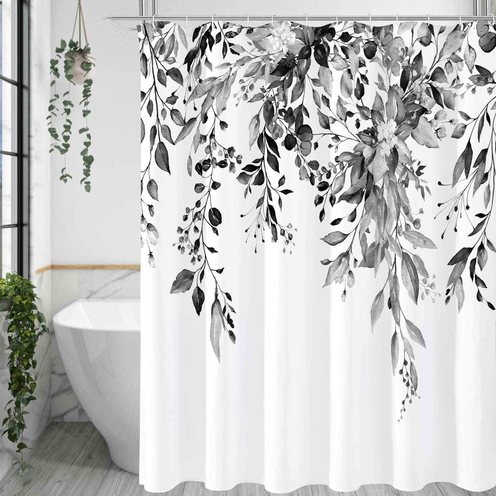Gibelle Eucalyptus Shower Curtain – Grey Watercolor Floral Polyester, 72x72