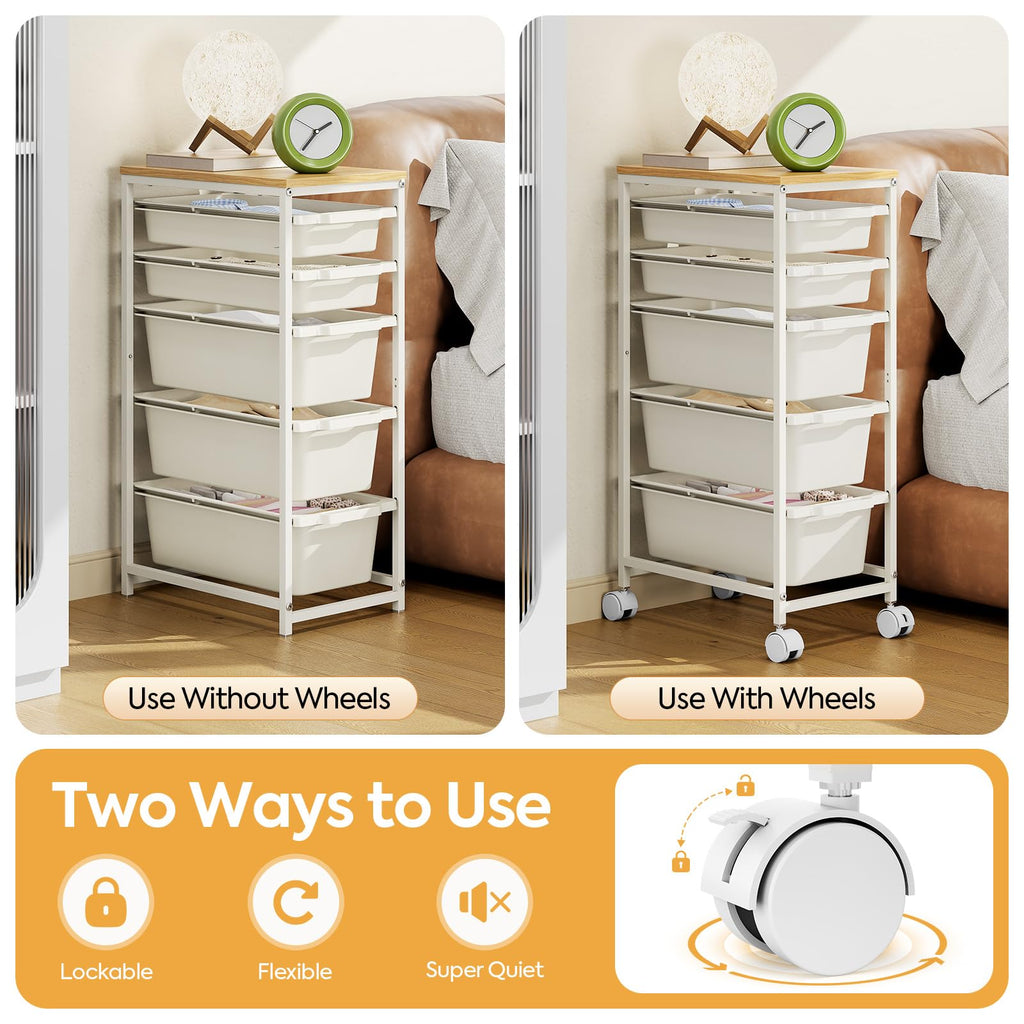 KINGBOARD 5 Drawers Storage Trolley on Wheels, White